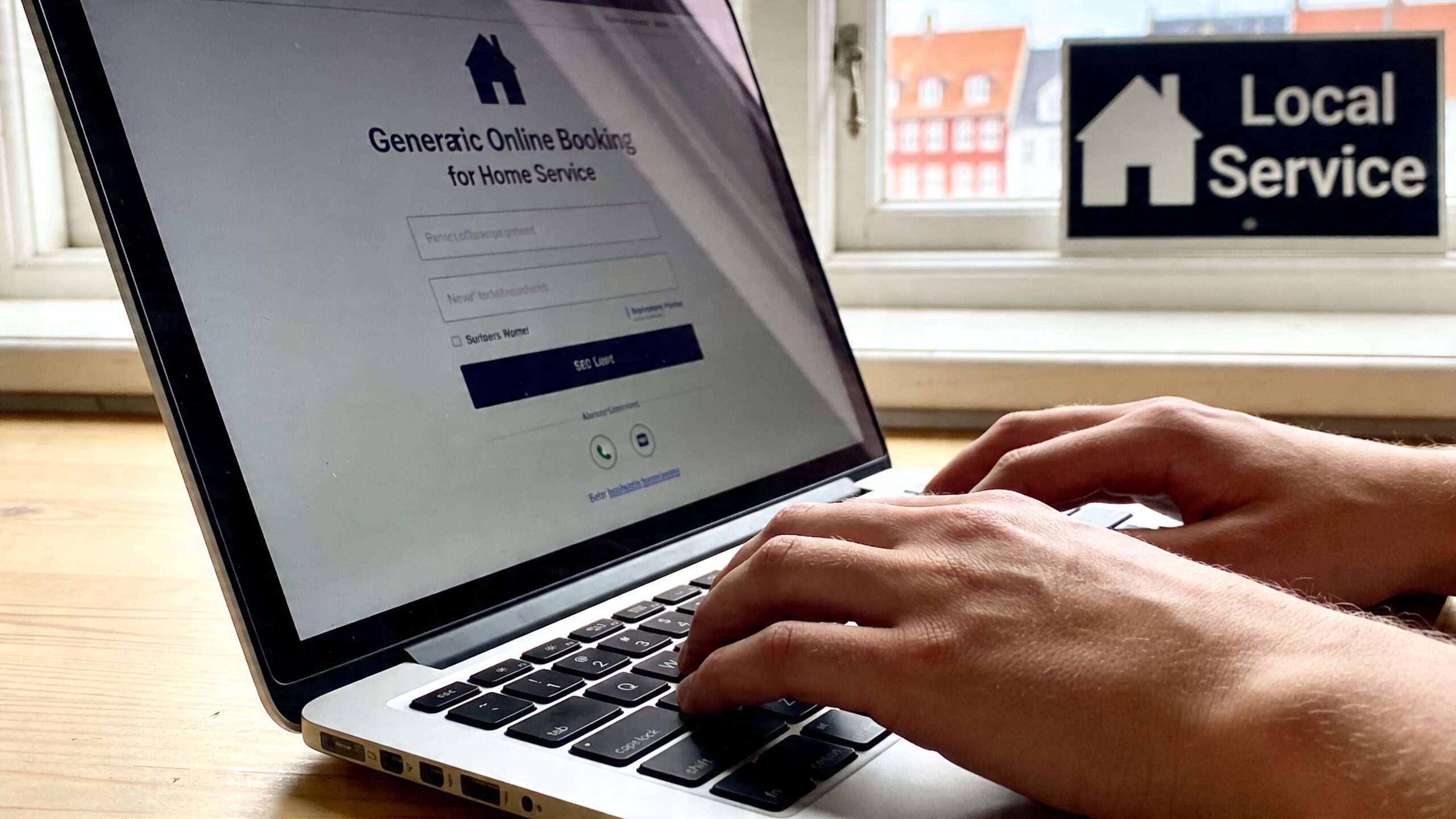En person bruger en bærbar computer til at bestille en lokal serviceydelse gennem en online bookingside.