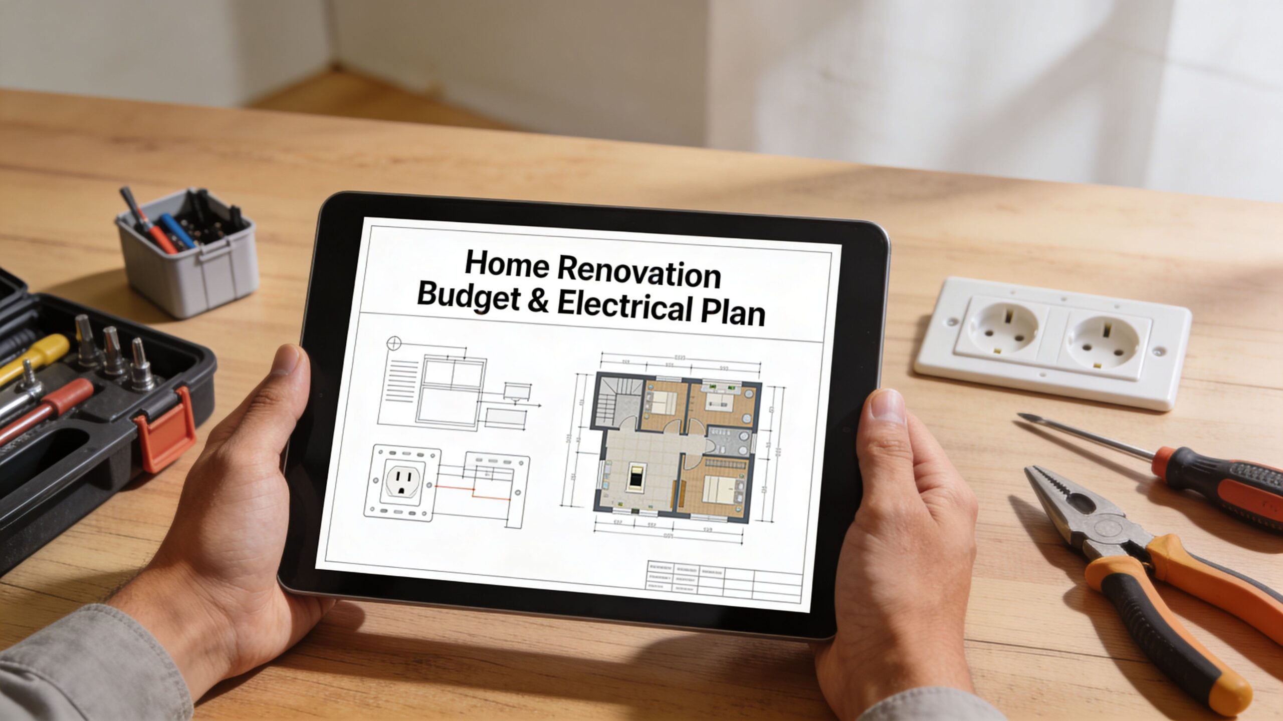 En person holder en tablet med en el-plan til en boligrenovering, omgivet af værktøj og stikkontakter.