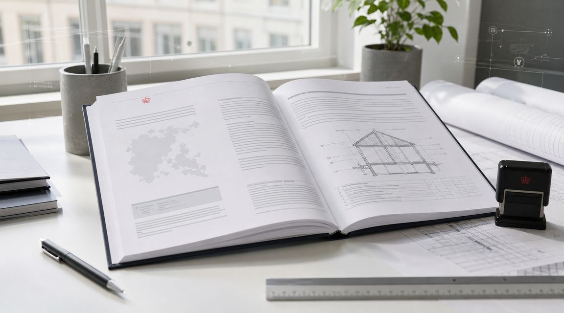 En opslået teknisk bog om arkitektur med en plantegning af et hus, pen og lineal på bordet.