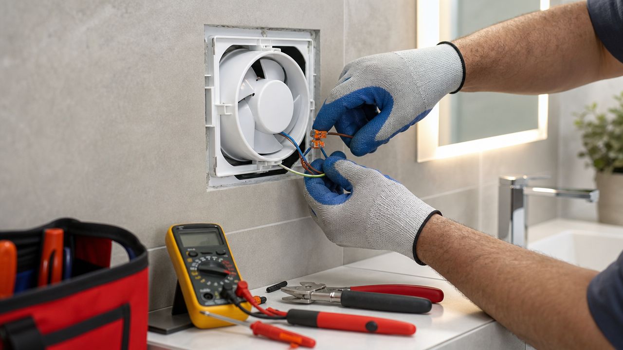 Elektriker installerer en elektrisk badeværelsesventilator i en væg med brug af professionelt værktøj og multimeter.