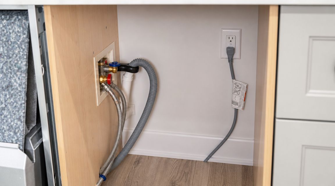 Installation af en moderne opvaskemaskine med synlig vandtilslutning, afløbsslange og elektrisk stik under køkkenbordet.