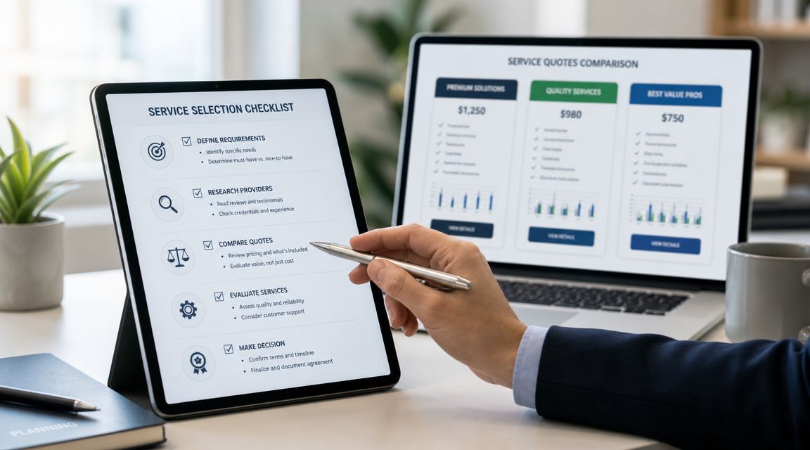 En person bruger en tablet til at gennemgå en tjekliste for valg af serviceydelser ved et skrivebord.