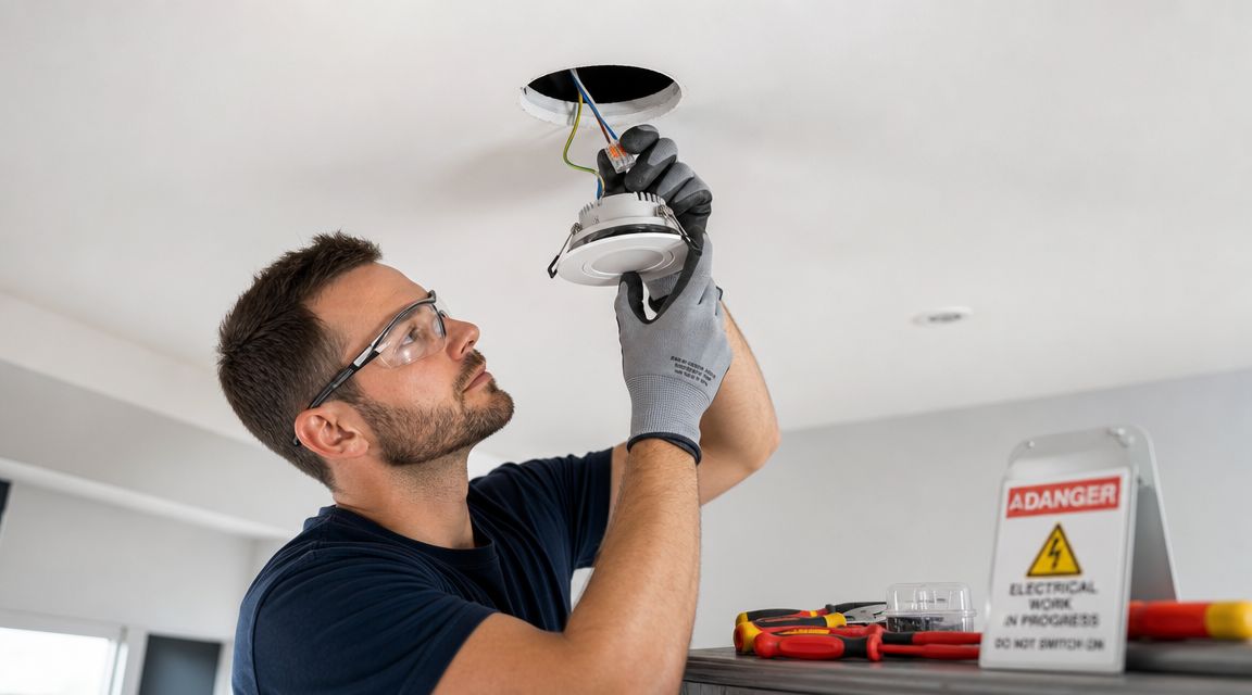 En professionel elektriker er i gang med at installere eller reparere et indbygningsspot i loftet.