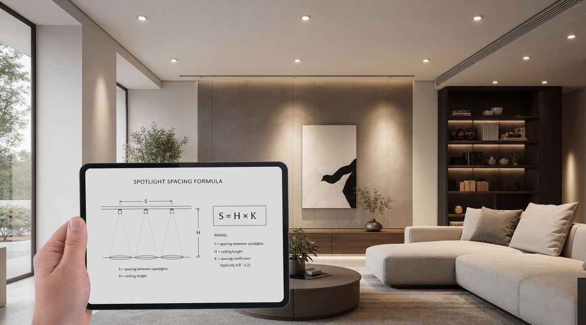 En hånd holder en tablet, der viser formlen for beregning af afstand mellem indbyggede spots i loftet.