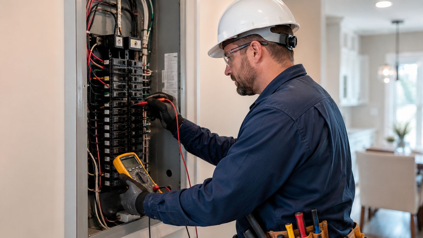 En professionel elektriker med sikkerhedshjelm måler strømmen i et elektrisk sikringsskab ved hjælp af et multimeter.
