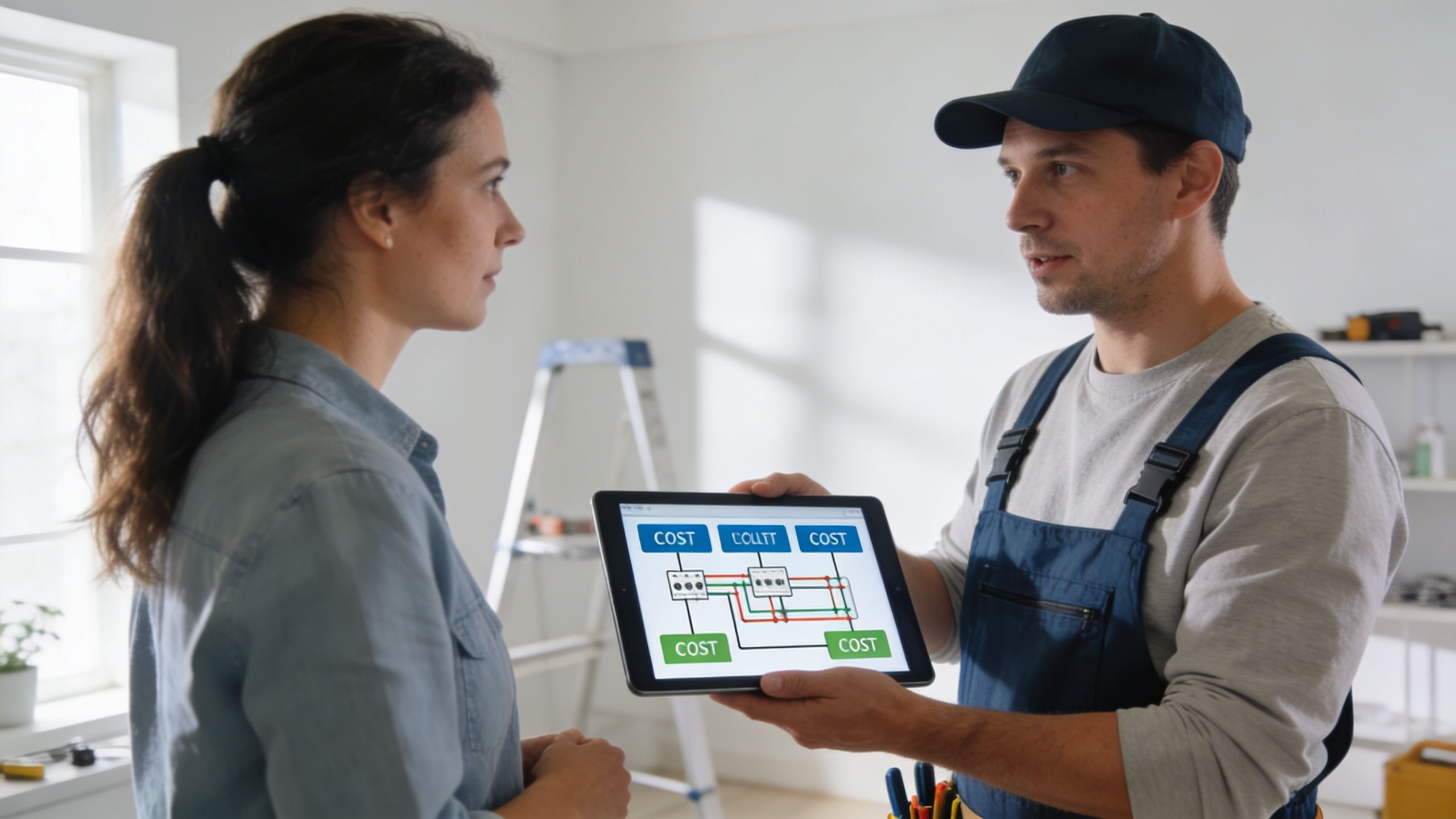 En elektriker forklarer omkostningerne ved el-arbejde til en kunde ved at vise en oversigt på en tablet.