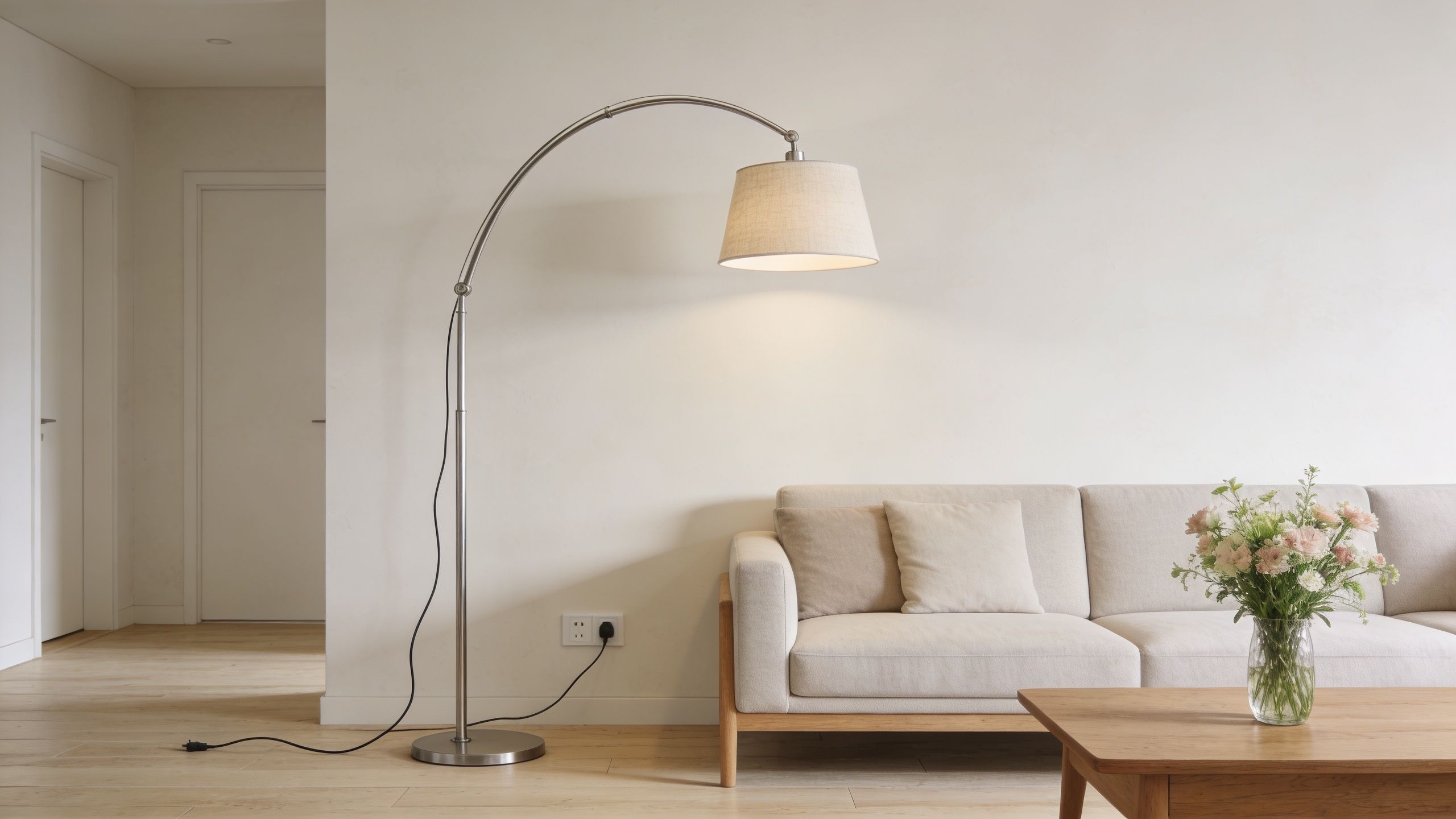 En stue med en beige sofa, et sofabord med blomster og en høj gulvlampe ved en stikkontakt.