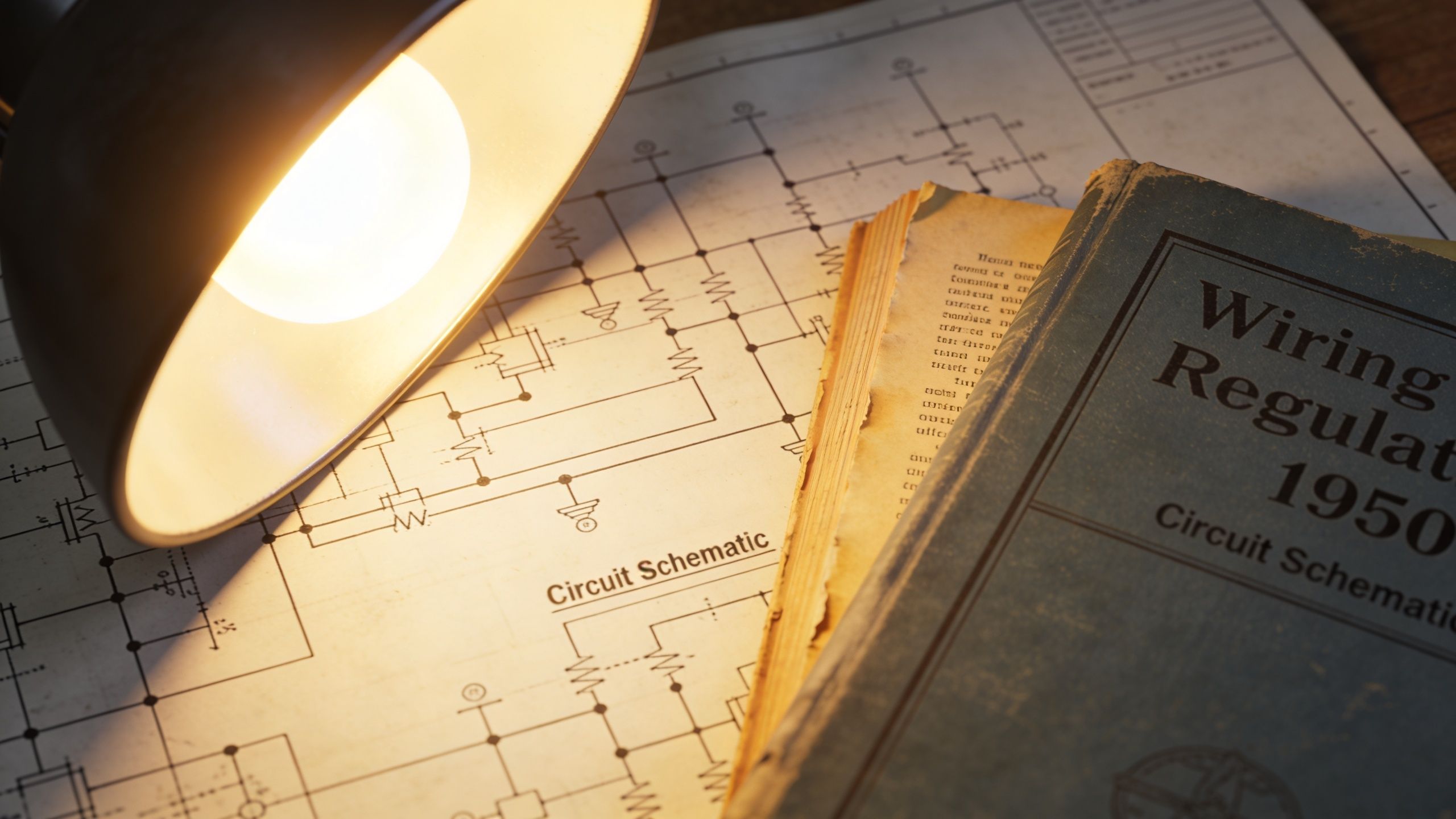 En gammel bog om stærkstrømsbekendtgørelsen ved siden af en tændt lampe og et teknisk kredsløbsdiagram på et bord.