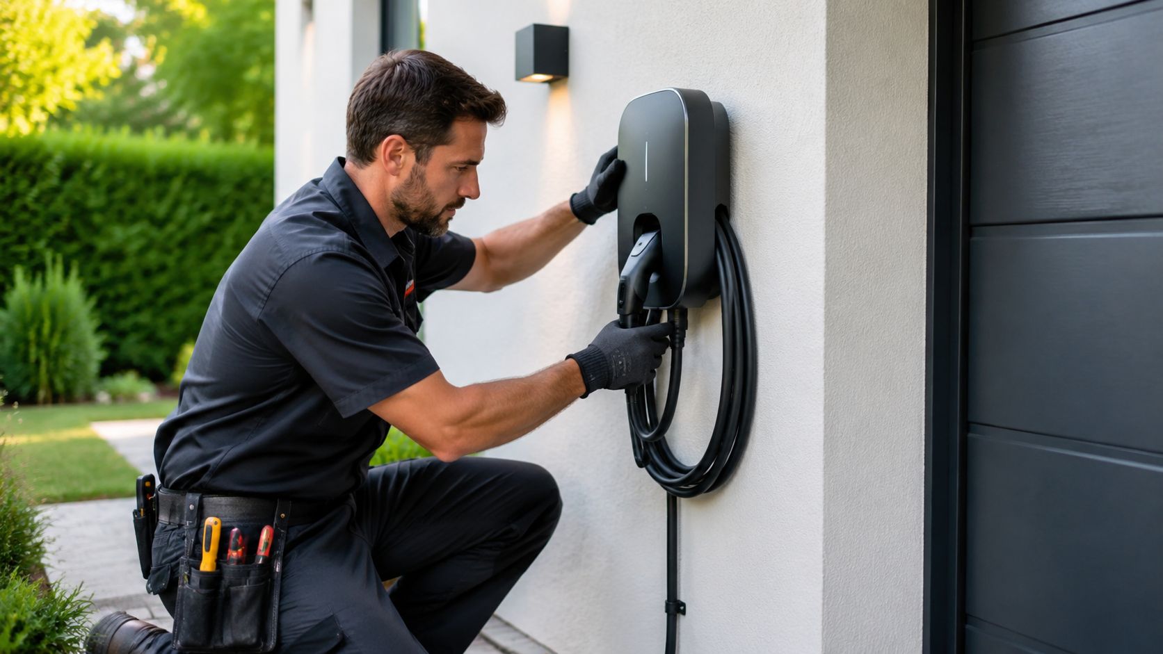 En professionel elektriker monterer en moderne ladestander til elbil på en husmur udendørs.