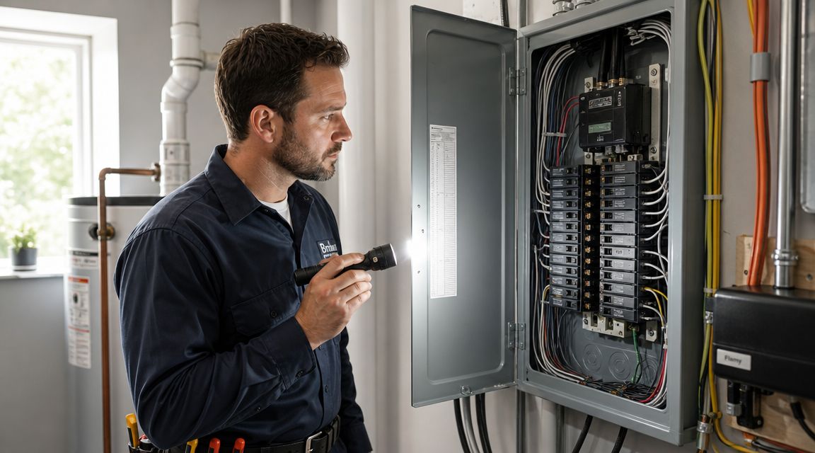 En elektriker inspicerer en elektrisk tavle med en lommelygte for at tjekke forbindelserne grundigt.