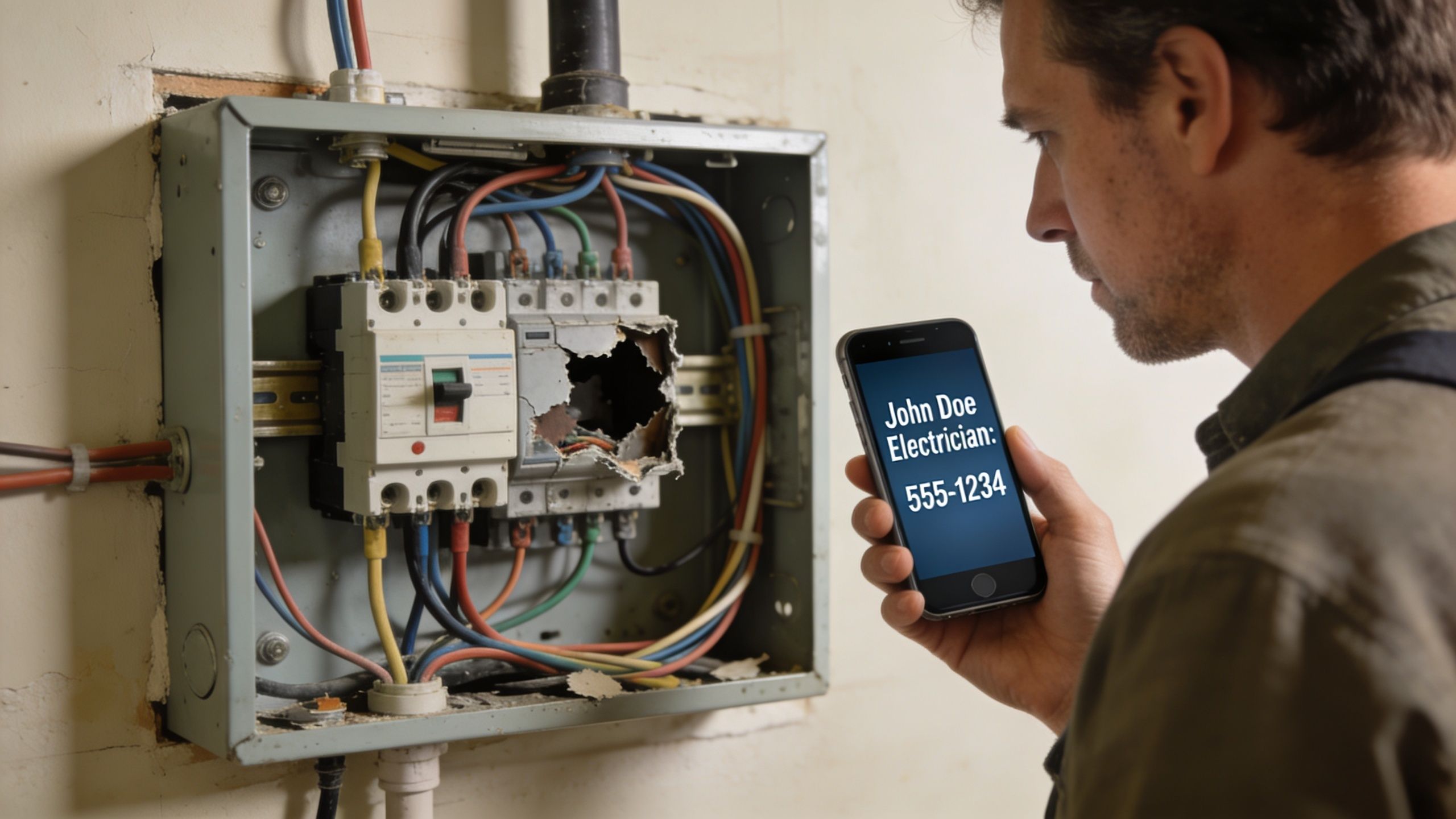 En elektriker holder en smartphone foran et ødelagt elektrisk tavleanlæg for at foretage fejlfinding af installationen.