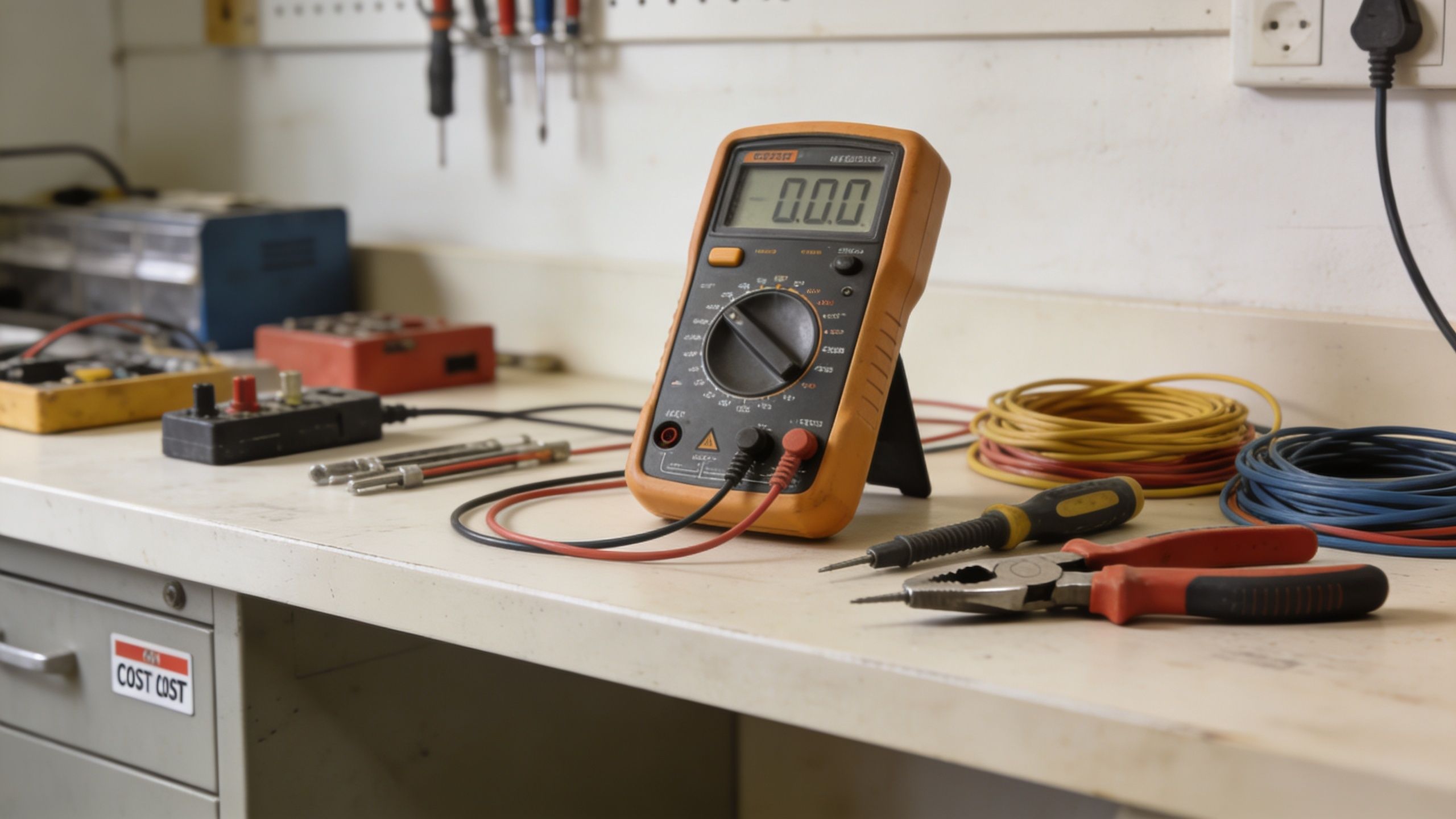Et multimeter og forskelligt elektrisk værktøj ligger på en bordplade klar til brug på et værksted.