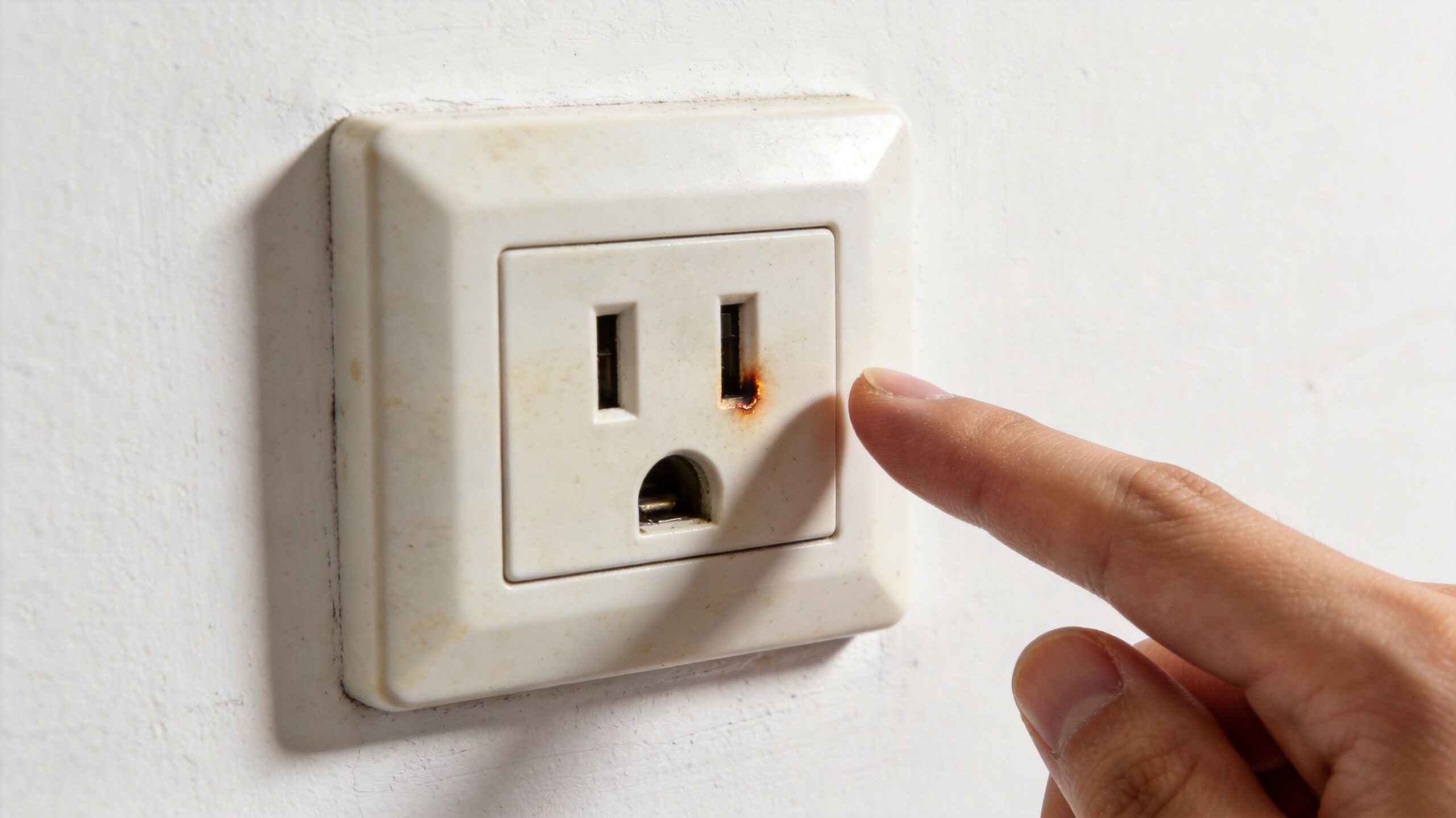 En finger peger mod en beskadiget og brændt stikkontakt, der udgør en alvorlig elektrisk brandfare i boligen.