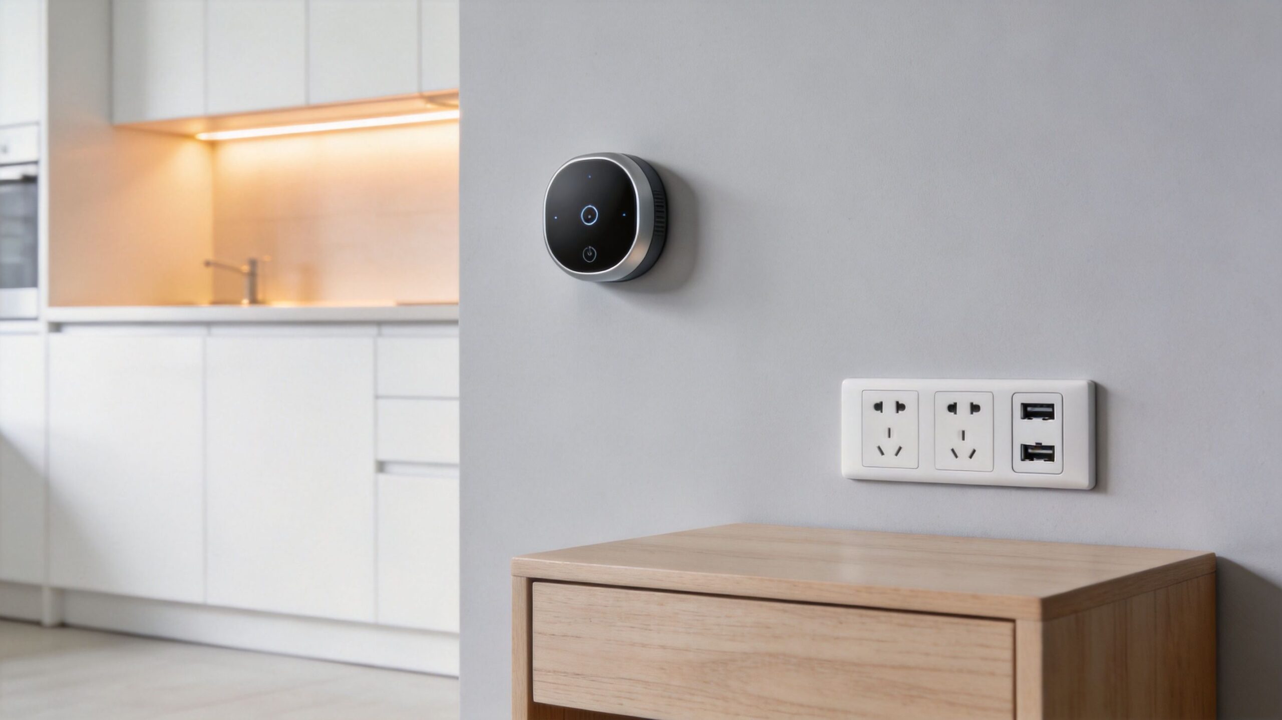 Moderne smart home styringsenhed monteret på en grå væg ved siden af en stikkontakt og et natbord.