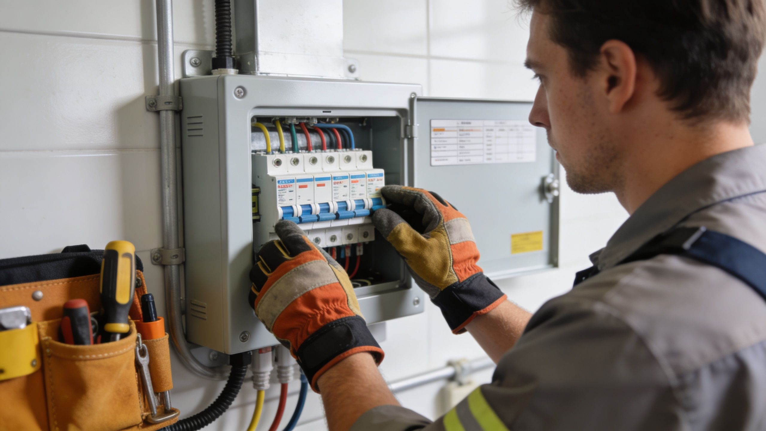 En elektriker i beskyttelseshandsker foretager fejlfinding på en åben sikringstavle med elektriske komponenter og ledninger.