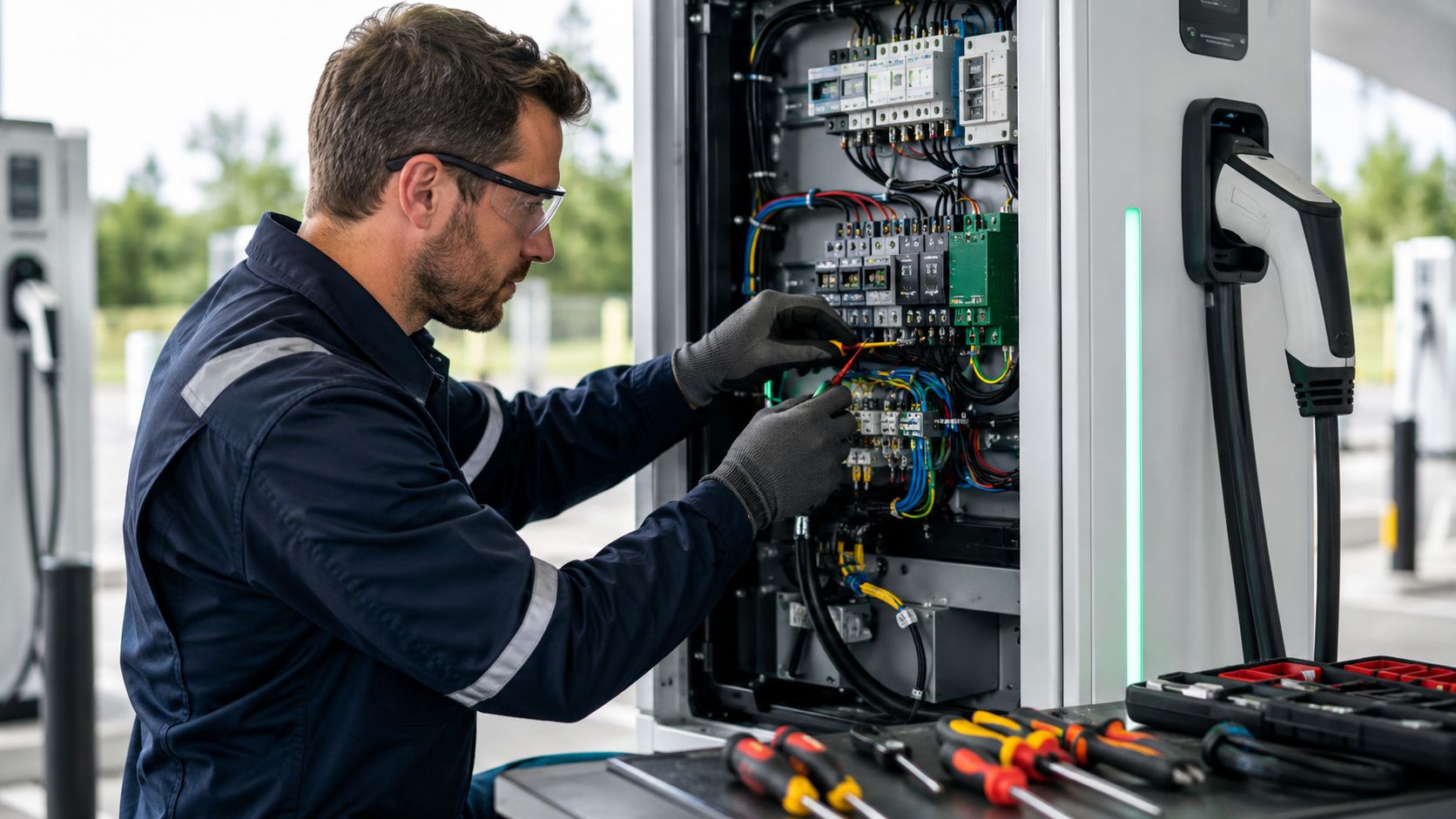 El-installatør arbejder på elskab med avanceret elektrisk udstyr.