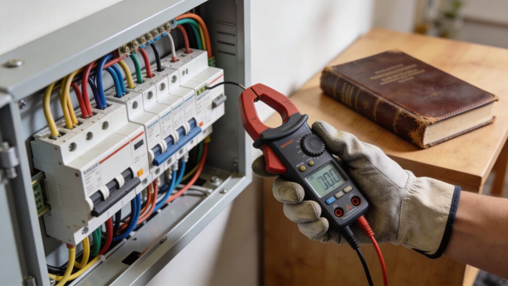 Elektriker måler elektrisk modstand i elskab med multimeter.