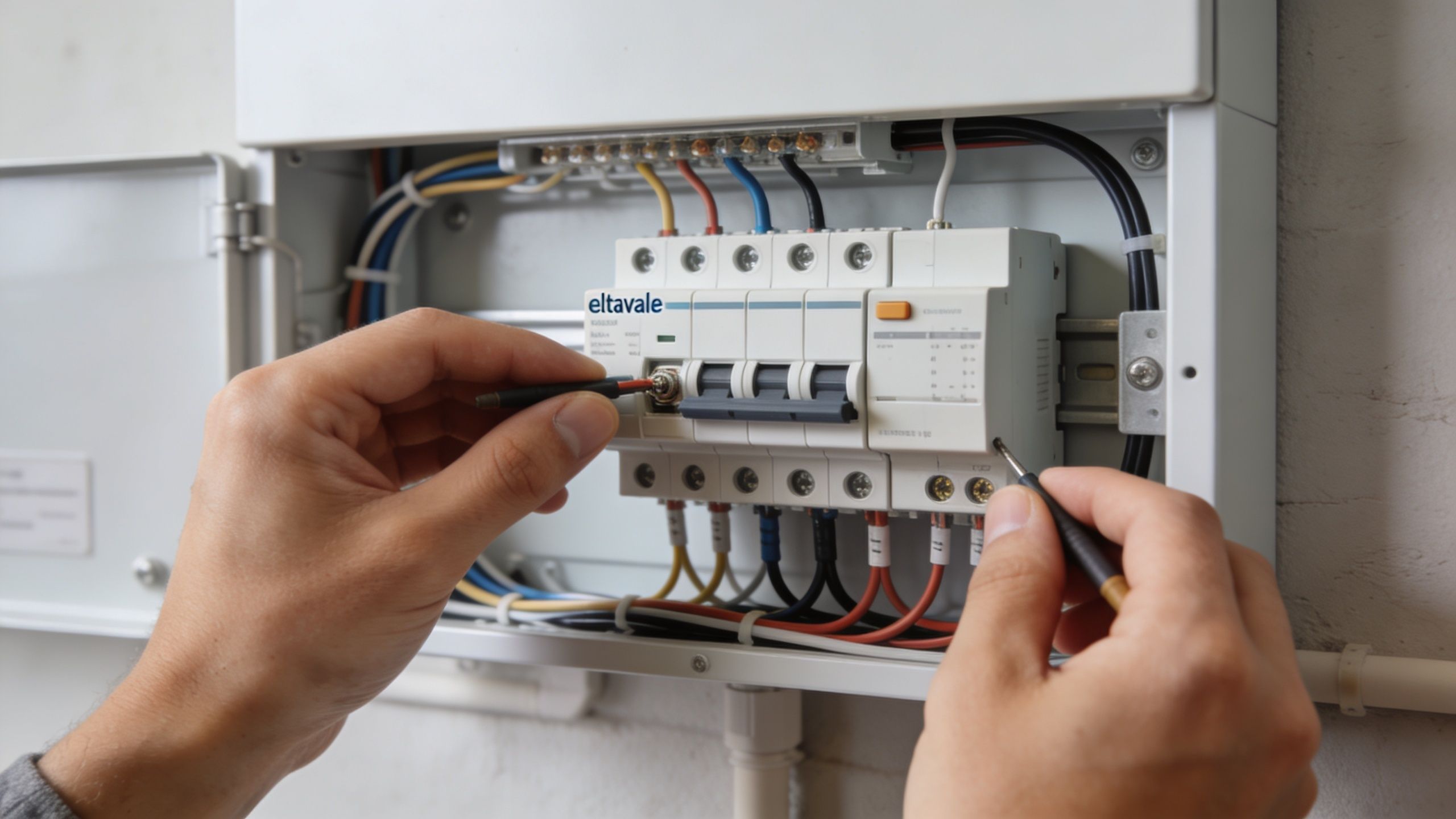En elektriker arbejder med et eltavle-modul og måler elektriske forbindelser i en el-installation i et hjem.