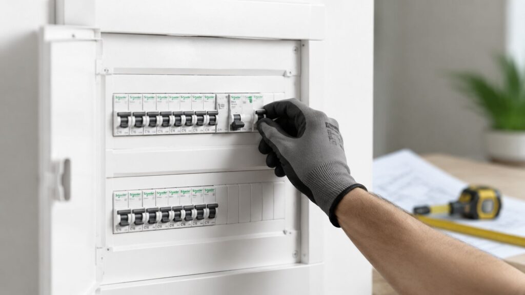 Elektriker arbejder med el-tavle og sikringer i et el-skab.