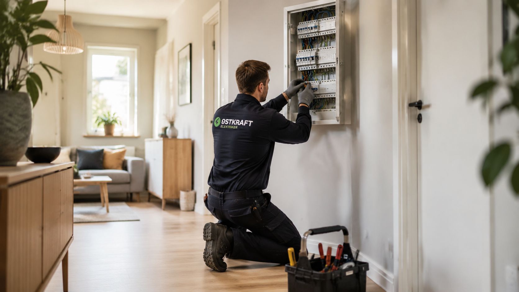 En elektriker fra Ostkraft installerer eller reparerer en el-tavle i en moderne stue med værktøjskasse ved siden af.