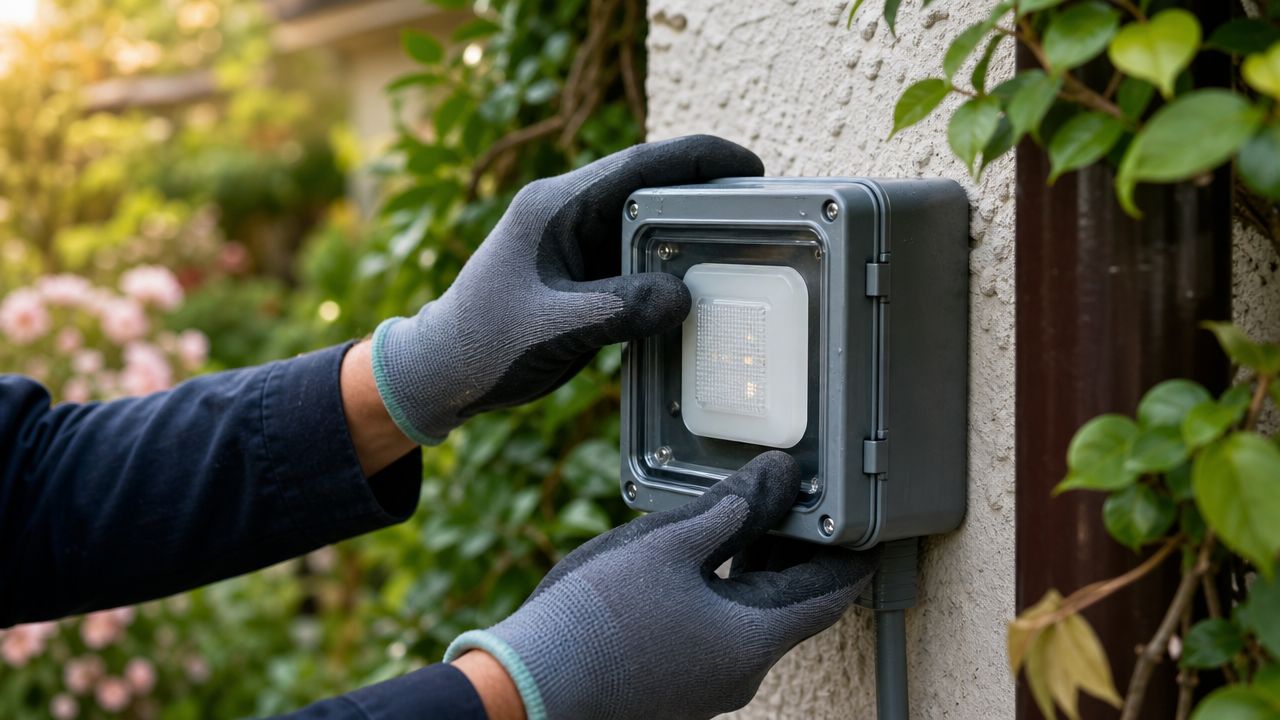 En elektriker monterer en vejrbestandig udendørs lampe på en husmur i en grøn have.