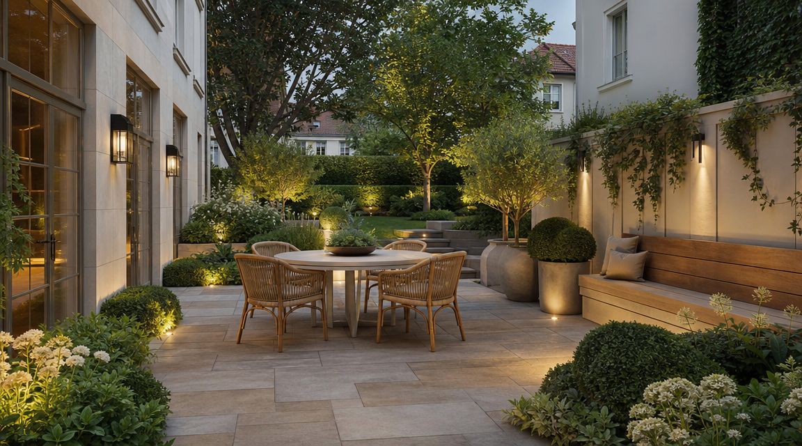 En elegant terrasse med spiseplads, blød belysning, grønne planter og moderne udelamper om aftenen.