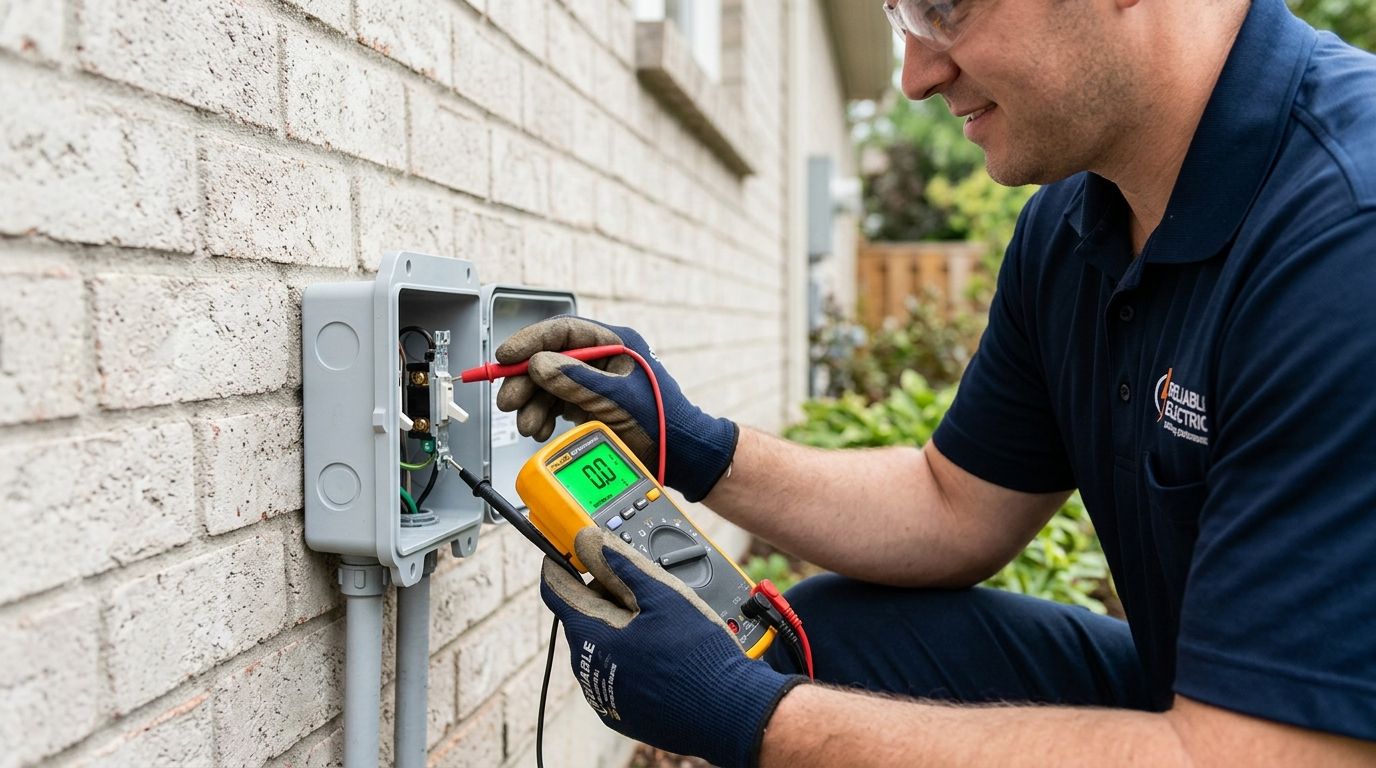 En elektriker måler spænding på en udendørs afbryder monteret på en murstensvæg ved hjælp af et multimeter.