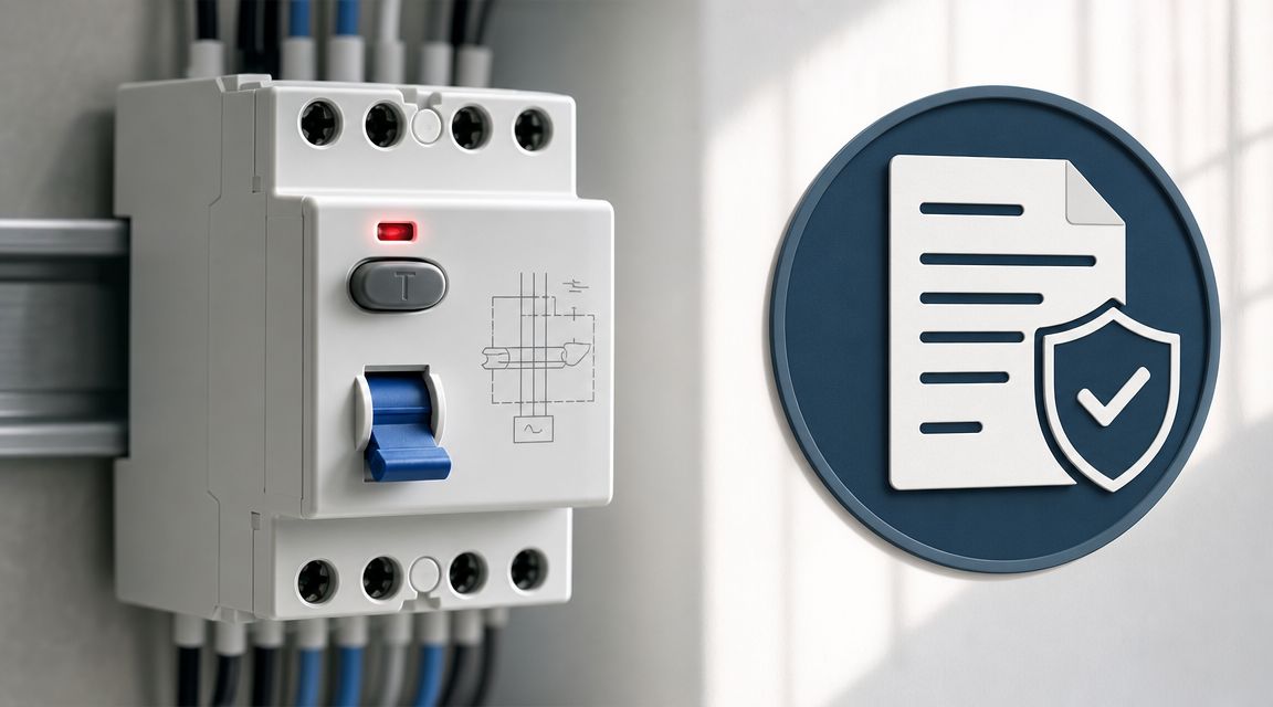 Et elektrisk HPFI-relæ monteret på en DIN-skinne ved siden af et symbol for dokumentation og sikkerhed.