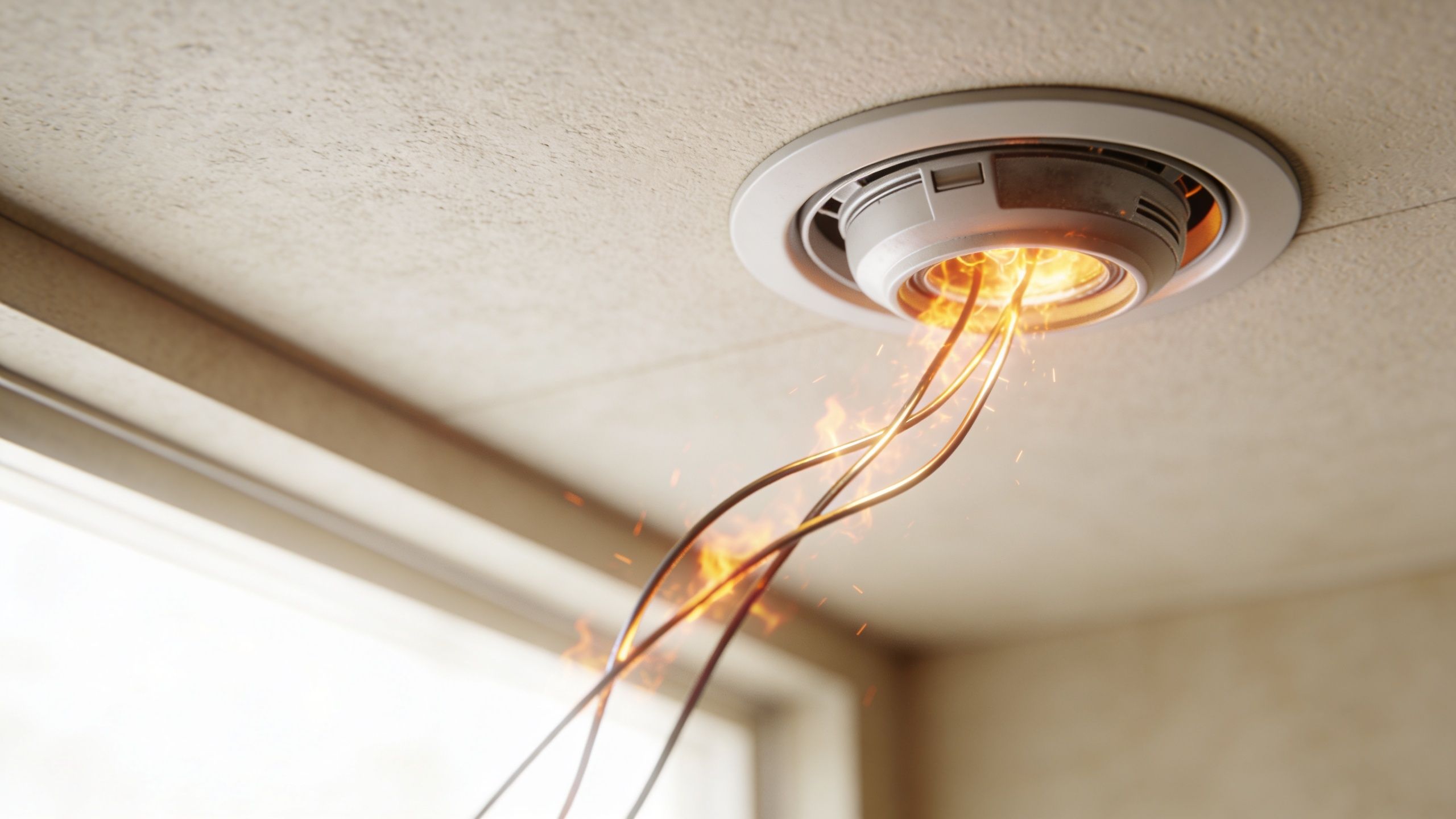En elektrisk spotlampe i loftet, der er i brand med synlige ledninger og gnister, der hænger ned.