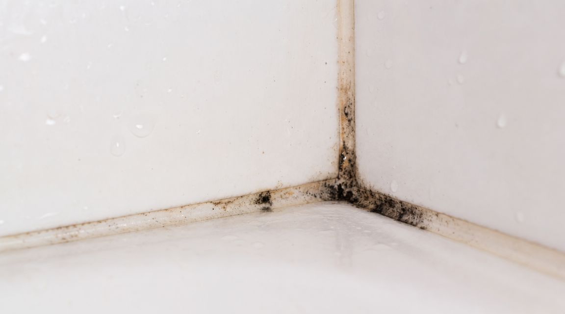 Sort skimmelsvamp i fugerne i hjørnet af et badeværelse, hvilket indikerer et behov for bedre ventilation.