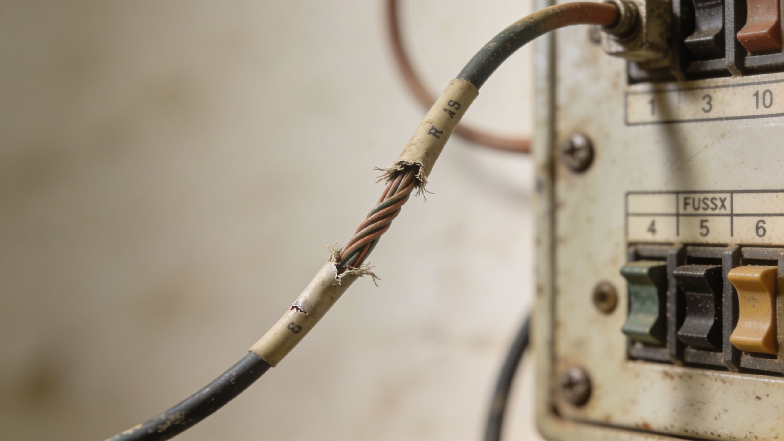 En slidt og beskadiget elektrisk ledning med blottede kobbertråde forbundet til en gammel el-tavle.