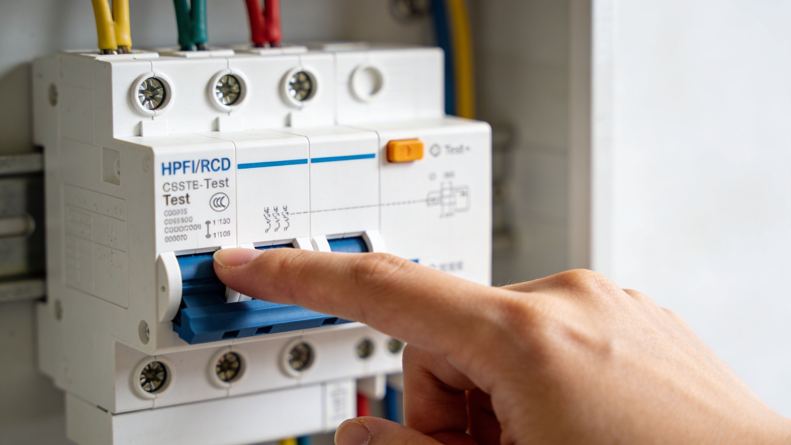 En person aktiverer manuelt en HPFI-afbryder i en el-tavle for at teste sikkerheden i boligens elektriske installationer.