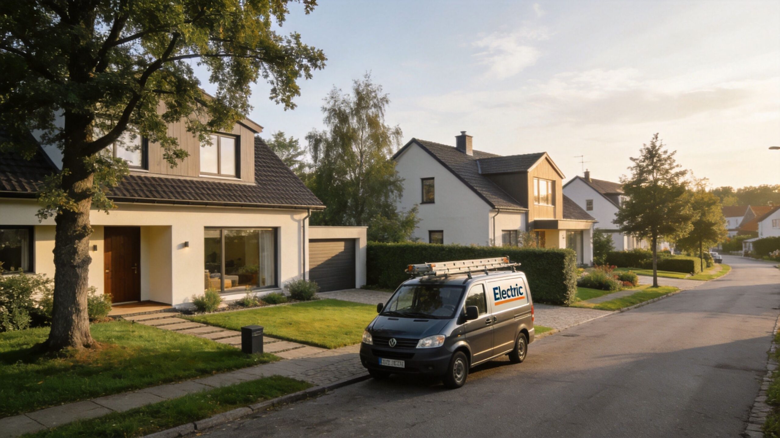 En grå varevogn fra en elektriker parkeret ved siden af en moderne enebolig på en solrig villavej.
