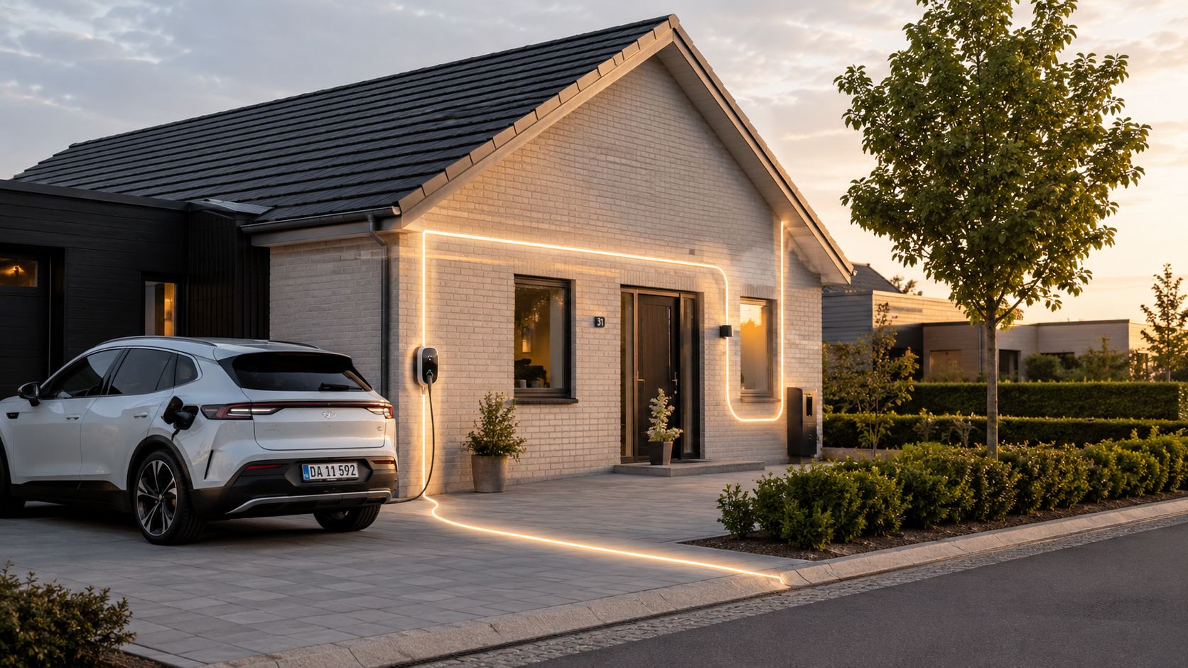 En moderne elbil parkeret foran et parcelhus, hvor en lysende stikledning illustrerer forbindelsen til husets strømforsyning.