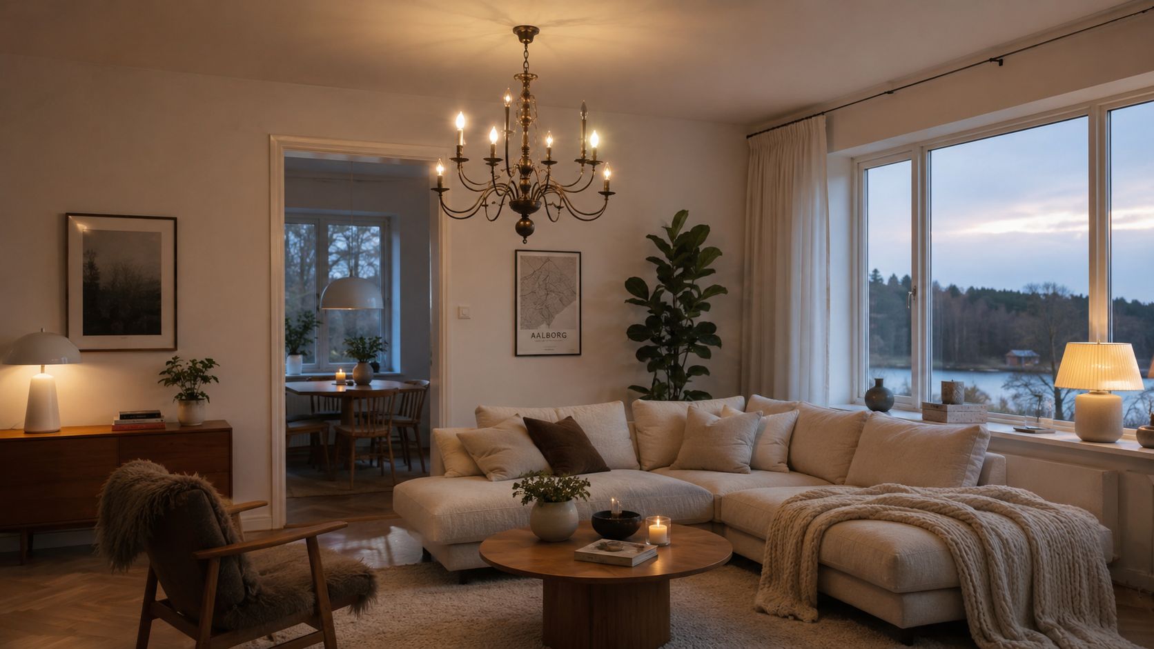 En hyggelig stue med en beige sofa, et rundt sofabord og en smuk lysekrone i et skandinavisk hjem.