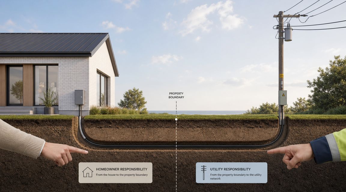 Illustration der viser ansvarsfordeling for stikledninger mellem en boligejer og et forsyningsselskab ved ejendomsskællet.