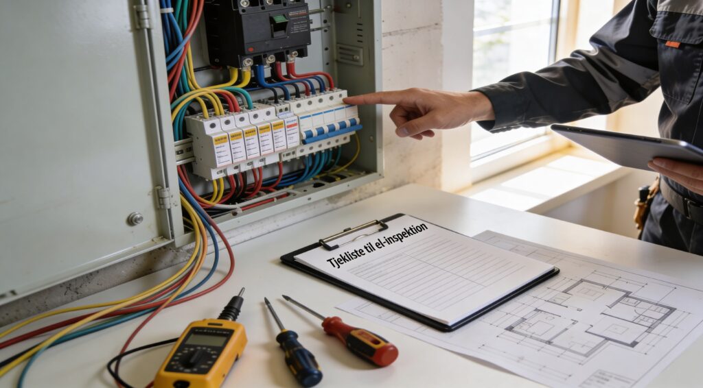 Elektriker arbejder med el-tavle og kabler i et kontor.