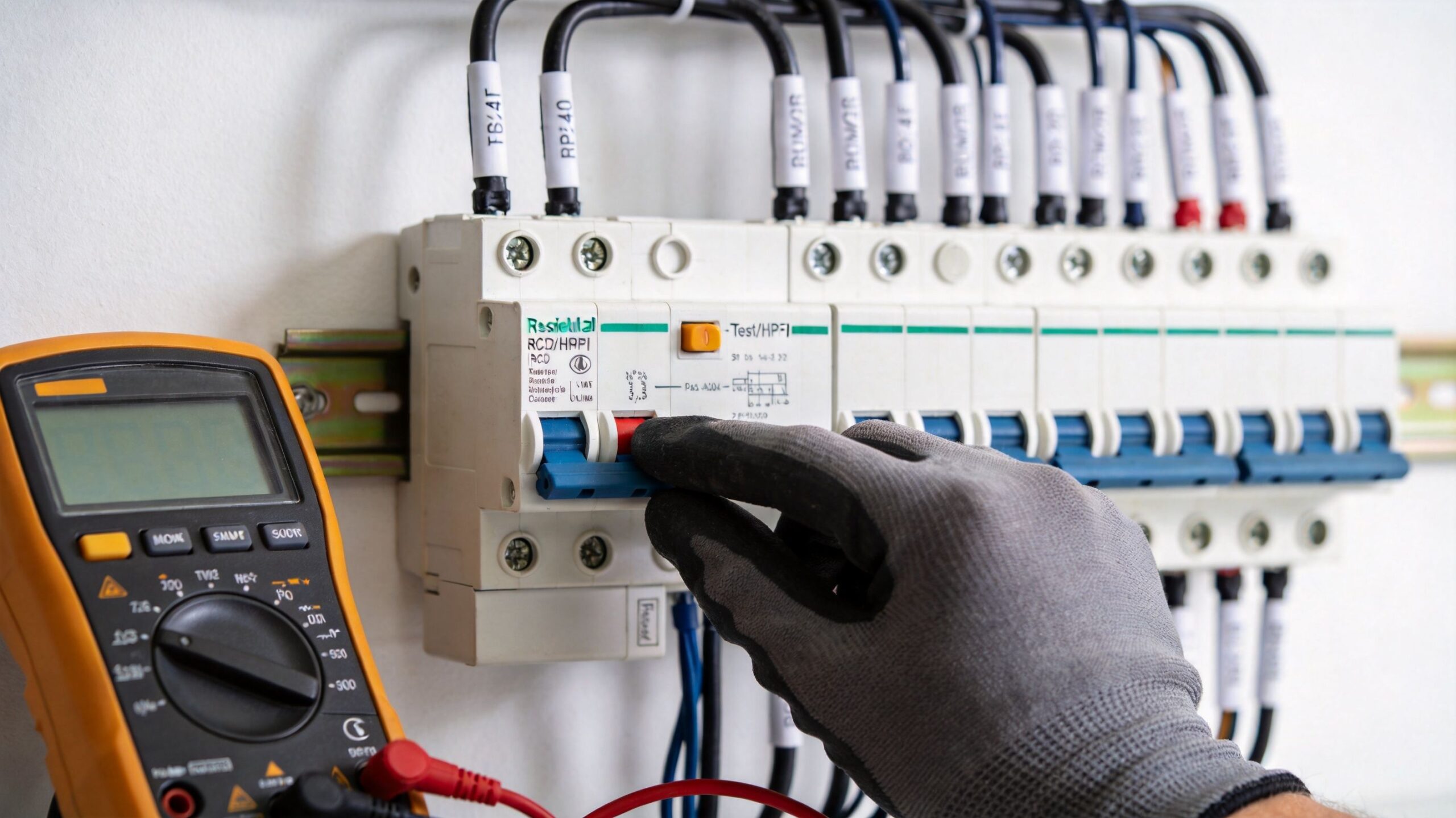 En elektriker i handsker foretager el-renovering ved at teste en fejlstrømsafbryder i et elskab.