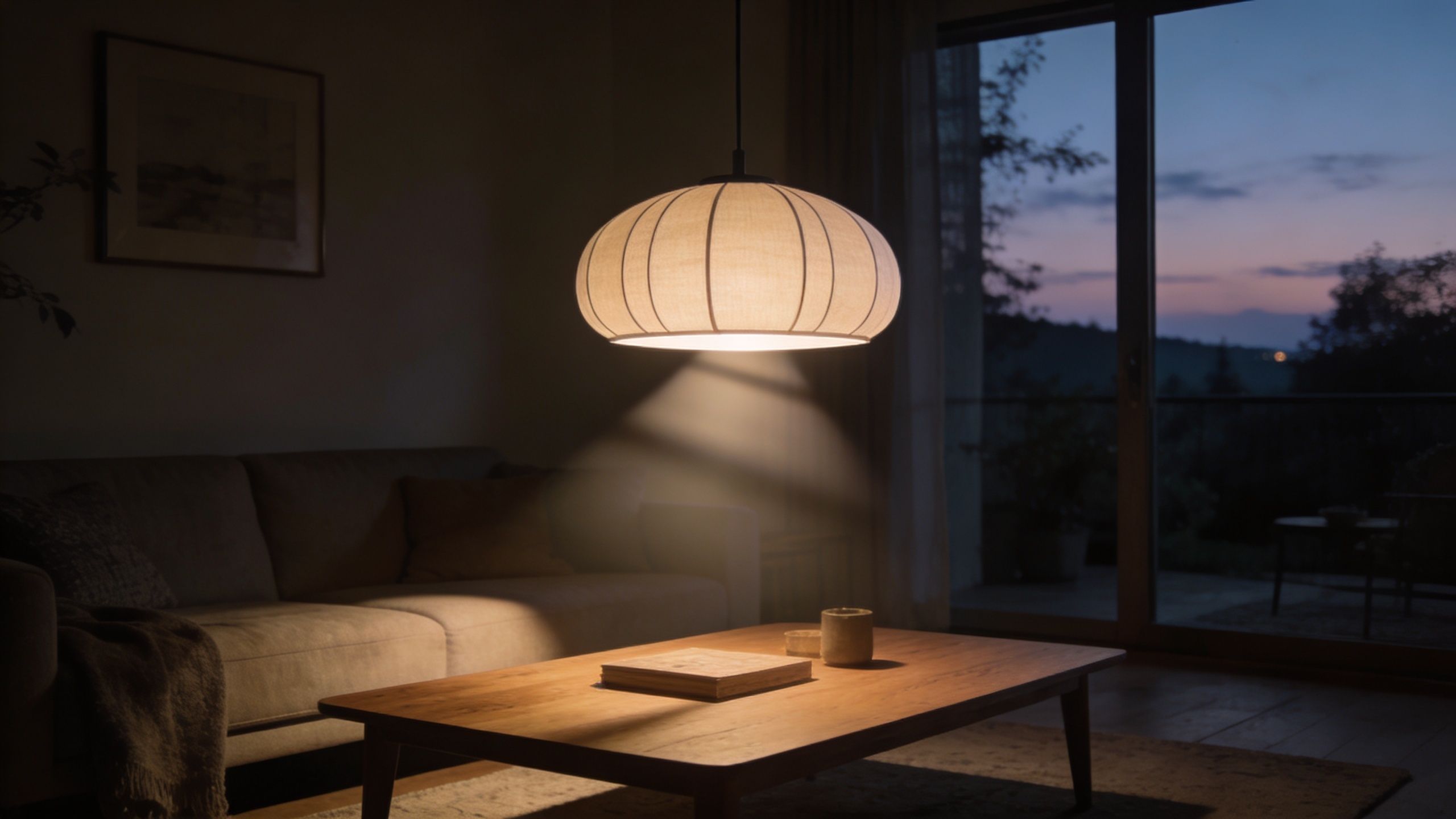 En hyggelig stue med en dæmpet lampe over et træbord i skumringstimen ved et stort vindue.