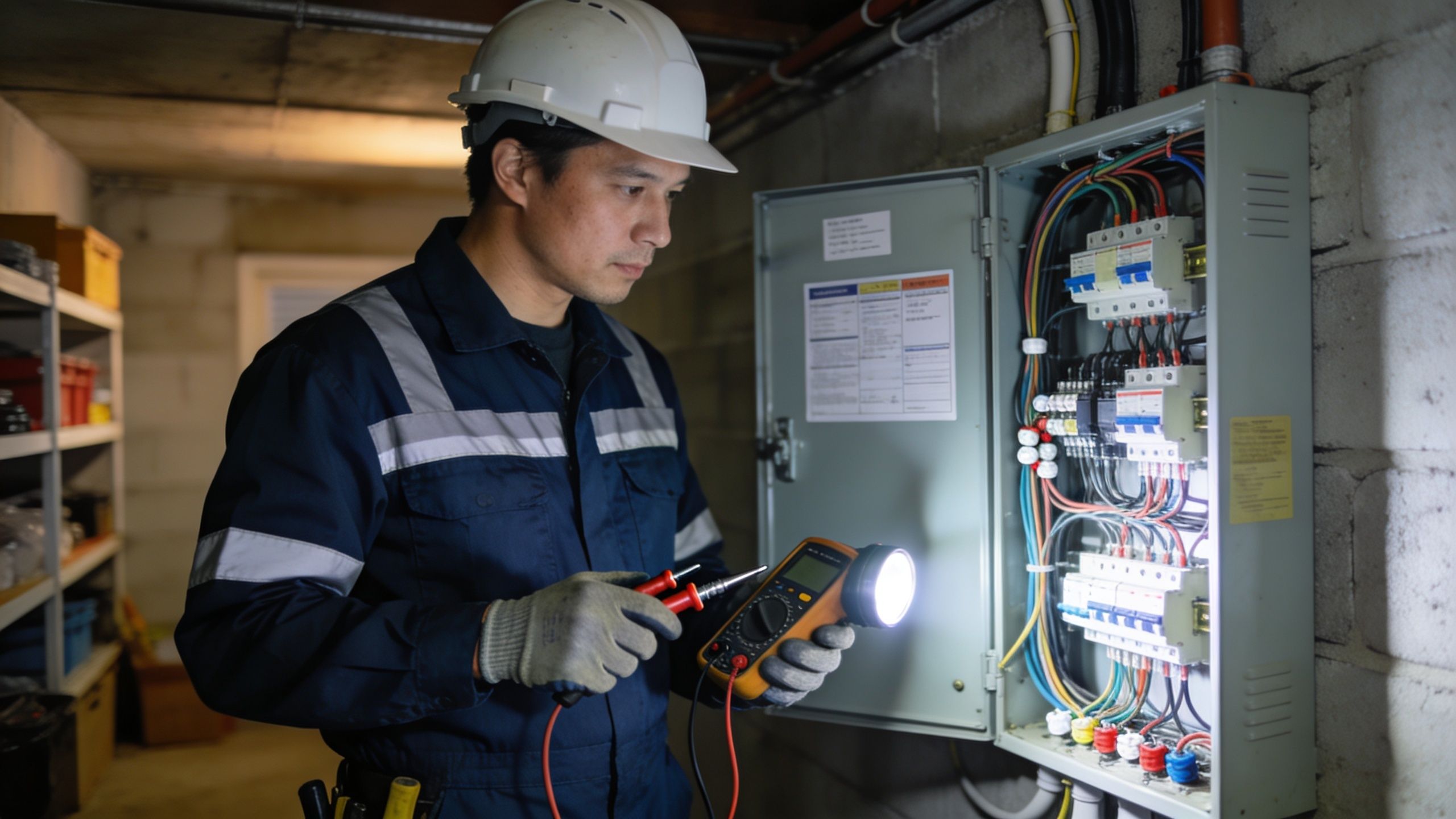 En elektriker i arbejdstøj undersøger en el-tavle med et multimeter i en kælder.