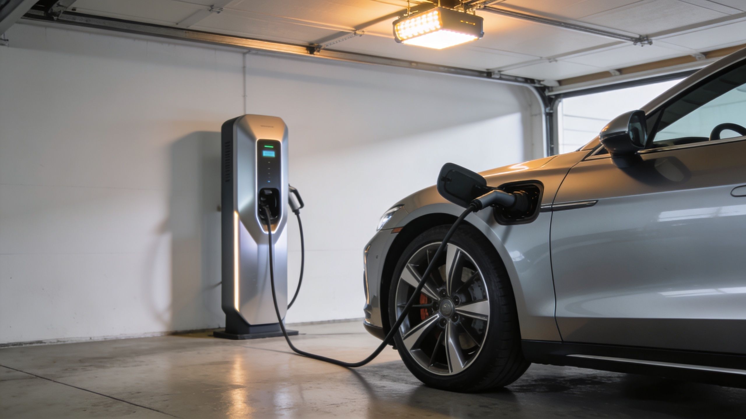 En elektrisk bil oplades fra en moderne ladestander i en privat garage i hjemmet.