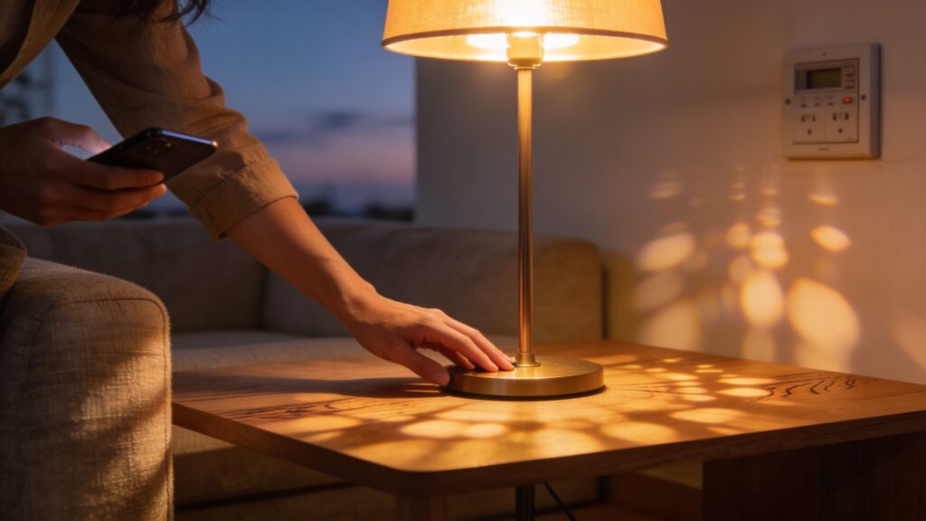 Moderne bordlampe med varmt lys på sofabord i stue.
