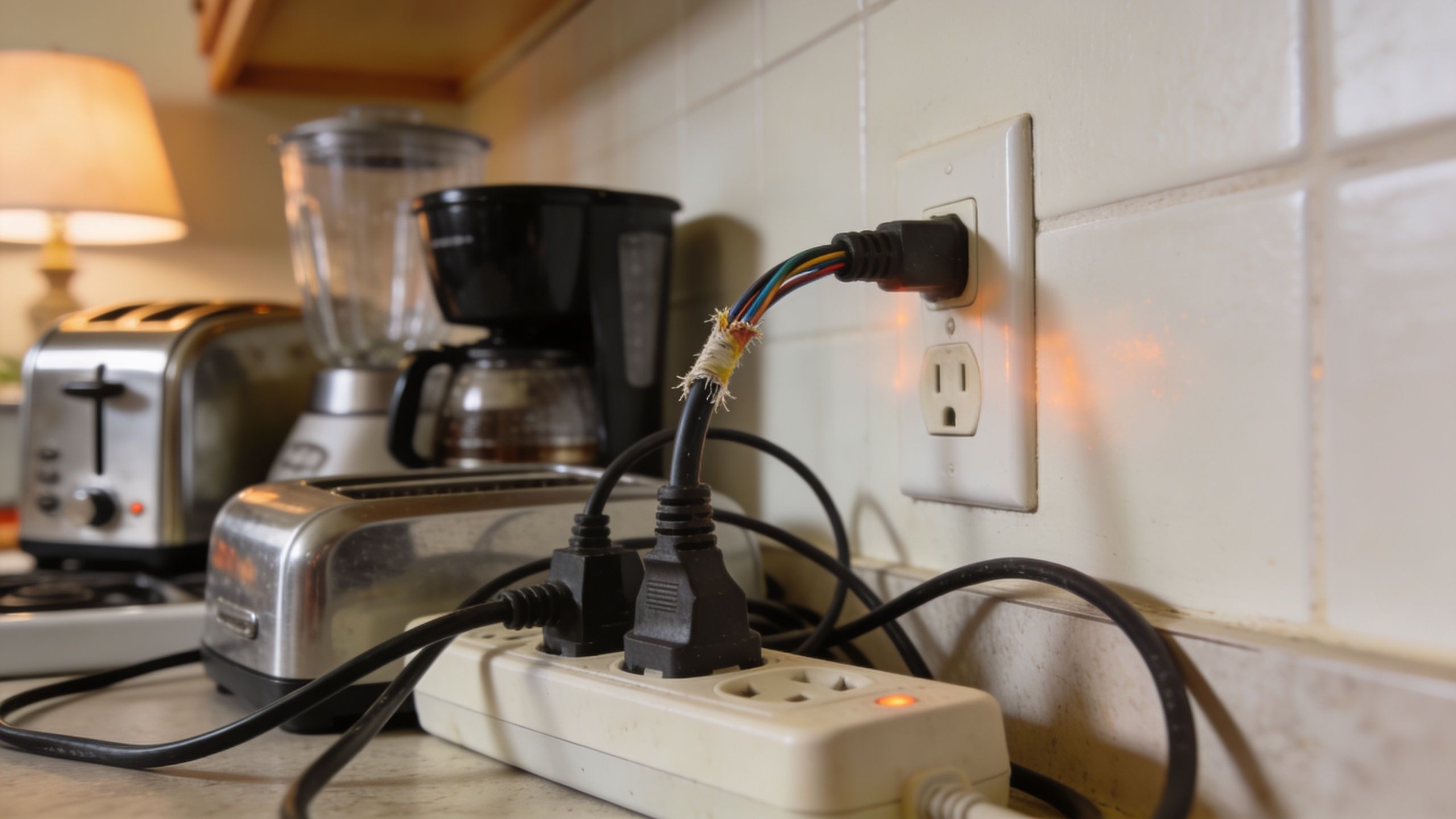 En beskadiget og usikker elektrisk ledning, der er sat i en stikkontakt i et køkkenmiljø.
