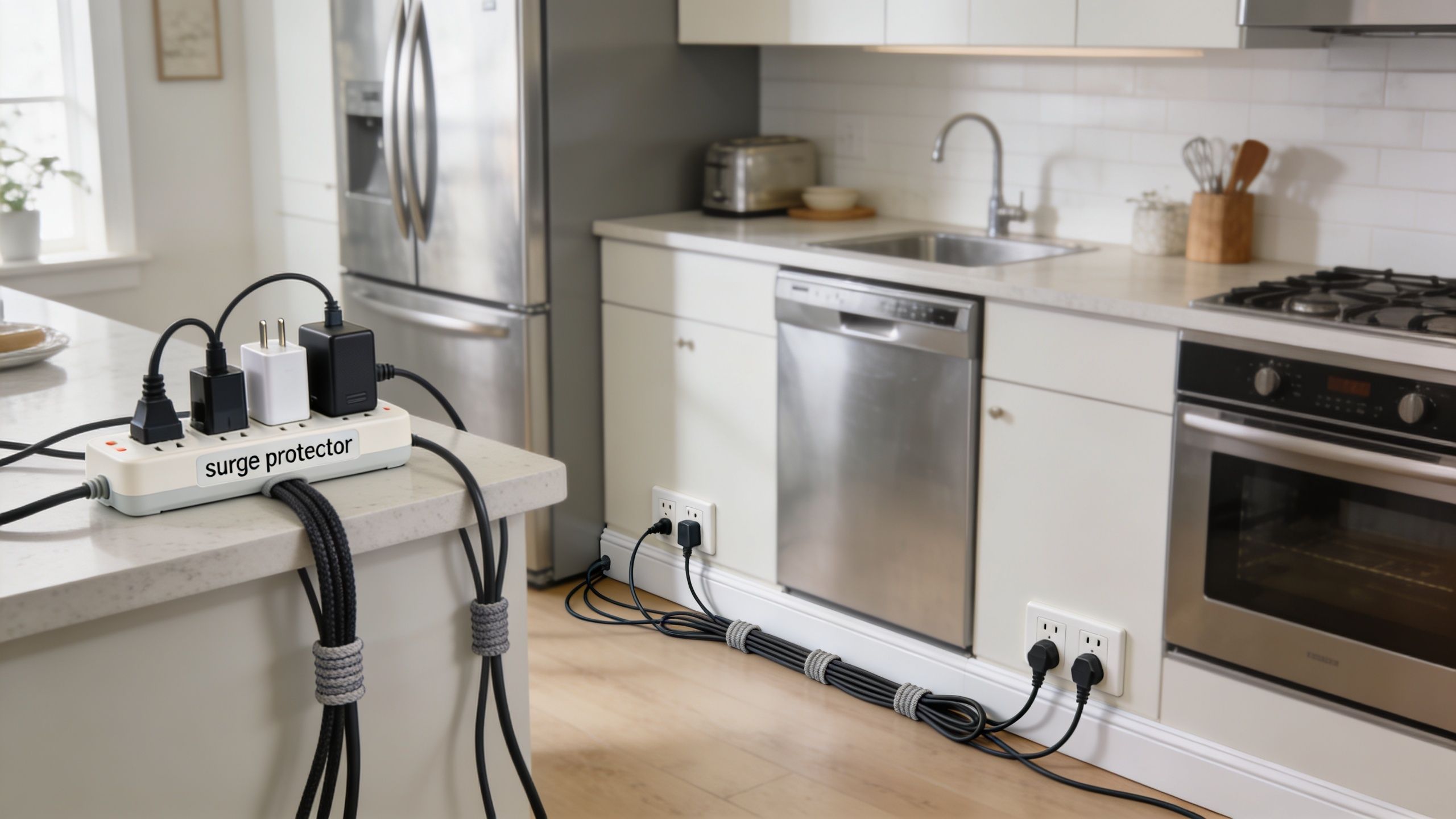 En grenstikdåse placeret på en køkkenø med flere tilsluttede apparater, der illustrerer elektrisk sikkerhed i hjemmet.