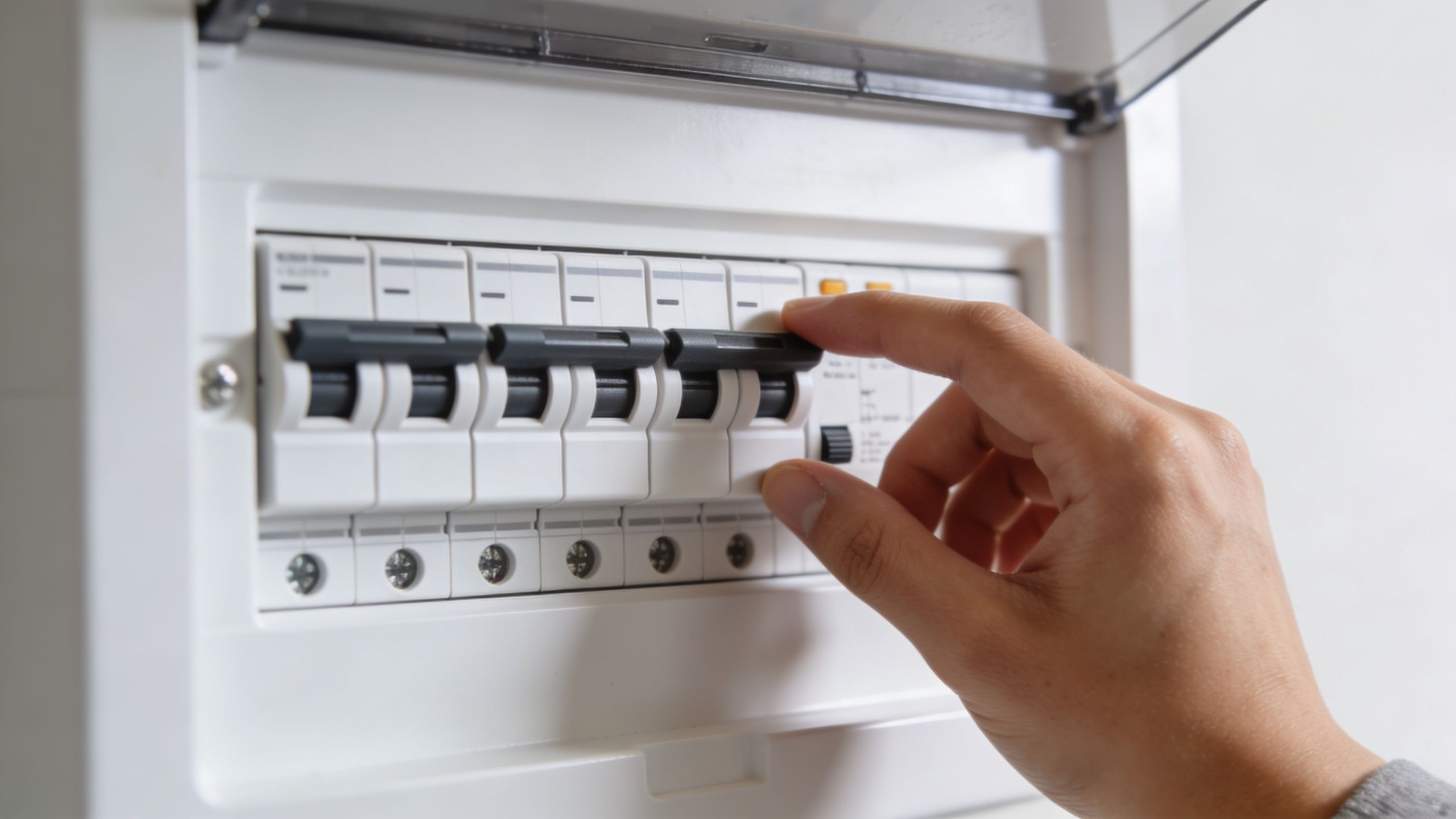 En hånd der trykker på en sikringsafbryder i et elektrisk sikringsskab for at genoprette strømmen.