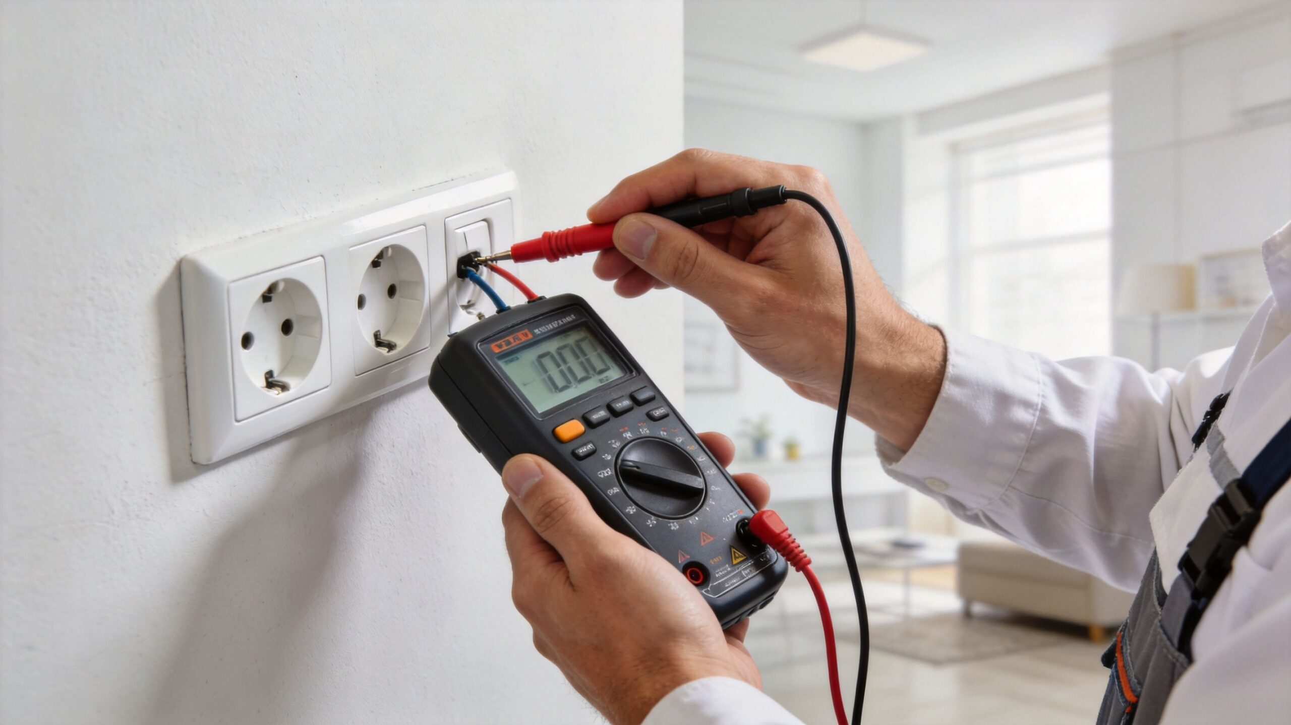 En elektriker måler spændingen i en stikkontakt med et multimeter for at sikre korrekt elektrisk installation.