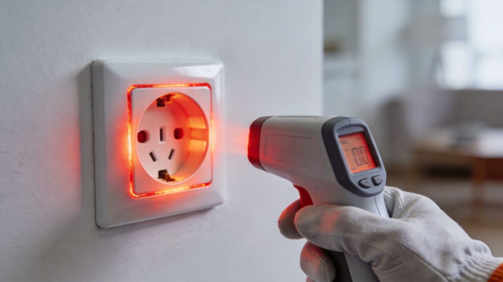 Elektriker måler temperatur på stikkontakt med termometer for sikkerhed.