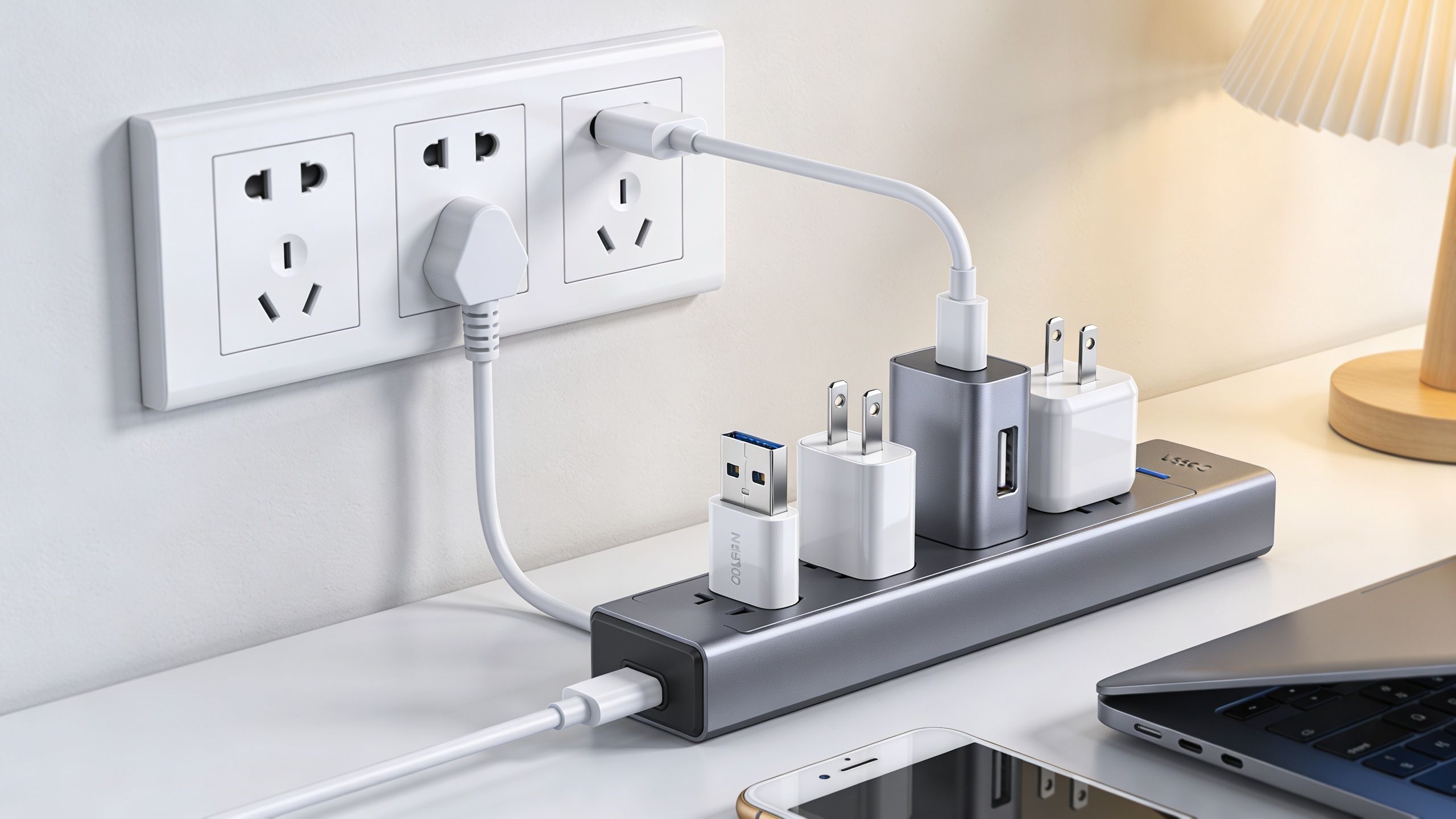 En grå stikdåse med mange opladere og USB-kabler tilsluttet på et hvidt skrivebord ved siden af en bærbar computer.