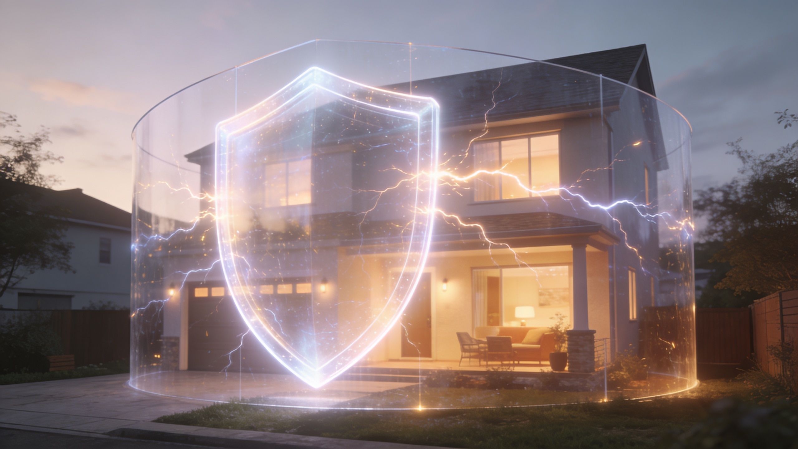 Et moderne hus beskyttet af et lysende digitalt skjold der illustrerer elektrisk sikkerhed og overvågning af hjemmet.