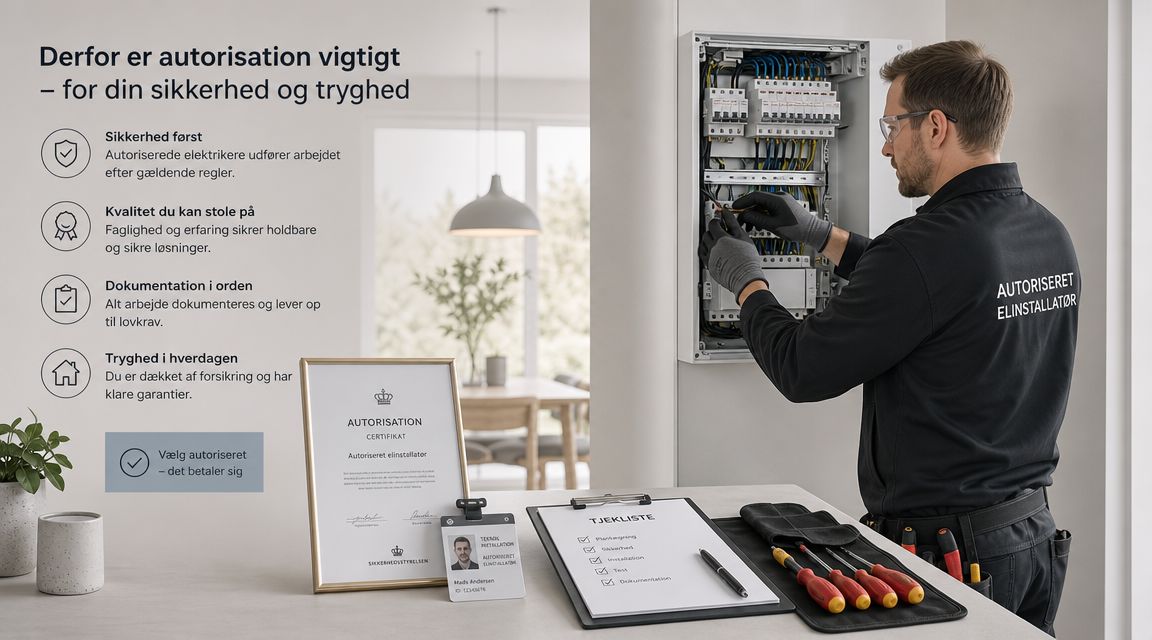 En autoriseret elinstallatør arbejder på en el-tavle i et moderne hjem med dokumentation og certifikat fremvist.
